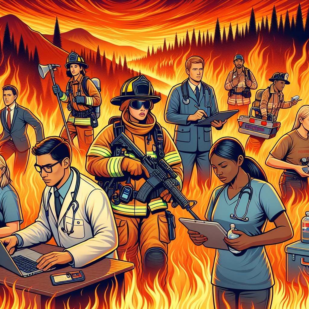 A group of assorted professionals working in stressful, fiery environments captured during a severe heatwave. Representatives from various occupations such as a Hispanic female firefighter bravely combating the blazing wildfire, a Middle-Eastern male emergency medical responder providing much-needed assistance, a South Asian female scientist aggressively studying the heat's effects, and a Black male voluntary worker distributing essentials around are visible. They're all against a backdrop of a drought-affected forest with menacing, orange-tinted sky symbolizing the relentless heatwave. This illustration is to represent strategies deployed during Wildfire Emergency Relief.