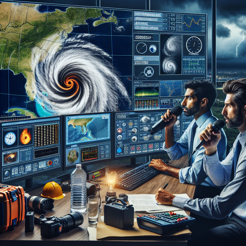 An image portraying the urgency and seriousness of hurricane season. Picture a weather monitoring station, with high-tech meteorological equipment and a big screen displaying a massive, spinning hurricane over a map. A meteorologist of South Asian descent is intently studying the data. Beside them, another meteorologist of Hispanic descent is speaking into a microphone, broadcasting important updates. Include elements of emergency preparedness, like flashlights, first aid kits, water jugs and non-perishable food in the background. Emphasize dark, stormy clouds in the sky outside the window, symbolizing the looming threats of hurricane season.