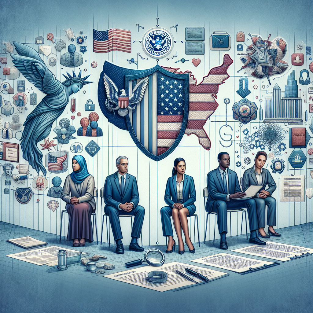 An image displaying a metaphorical representation of the concept of US immigration policy changes for enhanced security. Feature a diverse set of people, including a Middle-Eastern man, a Caucasian woman, a South Asian woman, and a Hispanic man, all in professional attire, suggesting they are experts and policymakers. Around them, visualize elements like policy documents, a security shield symbol, a map of the United States, and other elements related to immigration and security. Make sure the setting conveys a balanced and informed perspective on the subject, emphasizing both compassion and diligence.