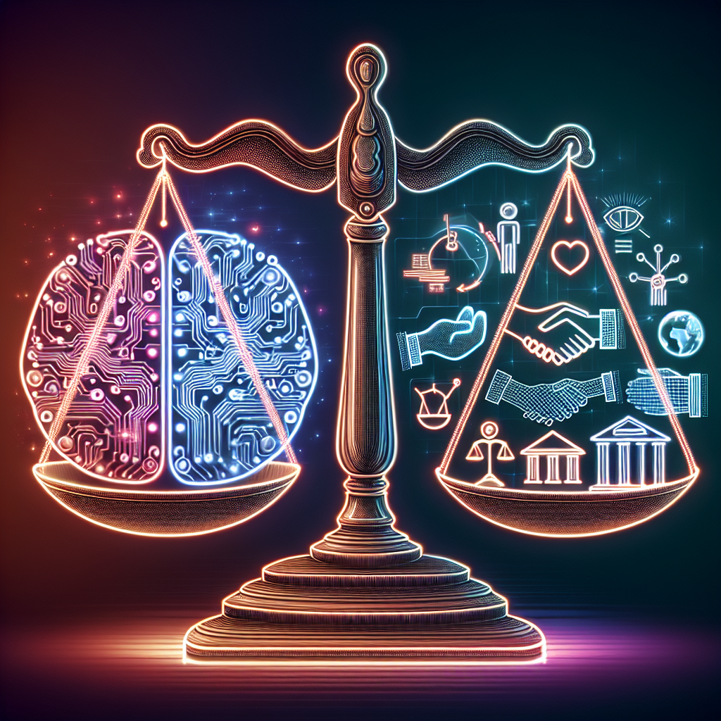 Illustrate a concept visual for an article discussing the regulation of Artificial Intelligence. Picture a balanced scale, one side bearing the symbol for Artificial Intelligence - a neon brain circuit - while the other side holds a book symbolising law and regulations. Around these scales, weave elements signifying ethical considerations such as a globe to represent global impact, a handshake for cooperation and a heart for humanity. Include a White House-like structure subtly in the background, indirectly hinting at government involvement.