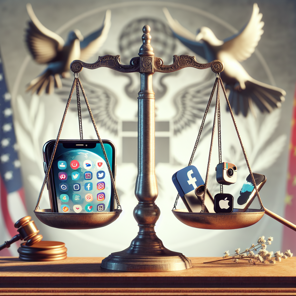 An image capturing the metaphorical representation of a debate about technology regulations, symbolized by a balanced scale. One side of the scale holds a smartphone with the logo of a popular short-video sharing app, representing global social media. The other side holds a symbolic tech gadget representing the US and another one for China, symbolizing tech power nations. The background holds elements of international diplomacy like peace dove and olive branches. The atmosphere of the image conveys a sense of tension with potential resolution.