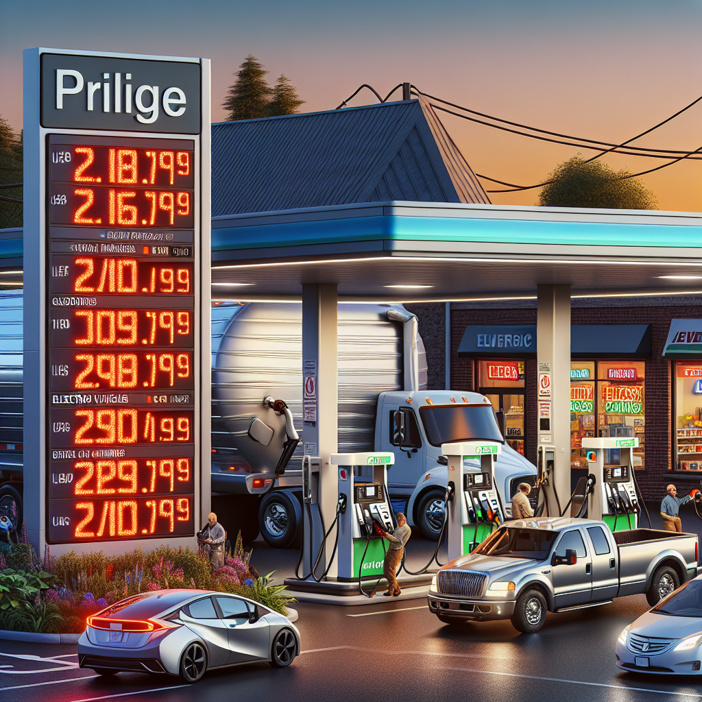 Generate an image showing a gas station with electronic screen displaying volatile fuel prices indicating energy policy changes. The setting should be suburban USA, with commercial trucks, electric vehicles, and passenger cars filling up. The price board should have both gasoline and electric charging prices. It should be sunrise with a convenient store in the background. Please include people with varying descents such as Caucasian, Hispanic and Middle-Eastern filling up their cars. Also include a newsstand nearby carrying newspapers that highlight energy policy changes.