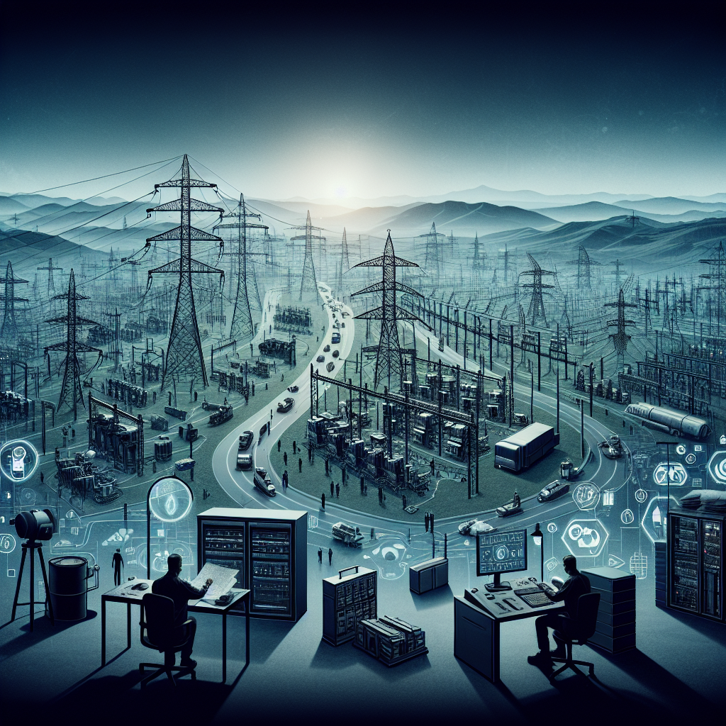 Imagine a vast panorama of a vast and intricate power grid system. Rolling hills in the background, large power towers and lines extending into the horizon, with operators diligently checking the infrastructure using advanced gadgetry. The color scheme is dark, emphasizing the theme of a potential blackout. In the foreground, however, there are simple yet effective precautions symbolically represented, such as backup power systems, maintenance tools, emergency plans on a work table, and a well-equipped team at work. The looming risk of a nationwide blackout is mitigated by their combined efforts.