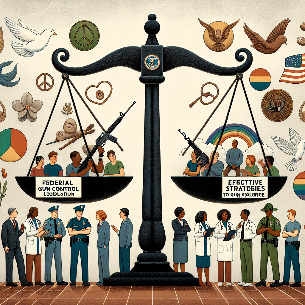 Create an image that portrays a balance scale with text on both sides. On one side of the scale: 'Federal Gun Control Legislation' in bold letters, on the other side: 'Effective Strategies to Combat Gun Violence'. In the background, various symbols of peace such as a dove, olive branch, rainbow, and peace sign are subtly illustrated. Towards the lower part of the image, show diverse people discussing together: a Caucasian man in a business suit, an East Asian woman in medical attire, a black woman in law enforcement uniform, and a Middle Eastern man in regular street clothes.