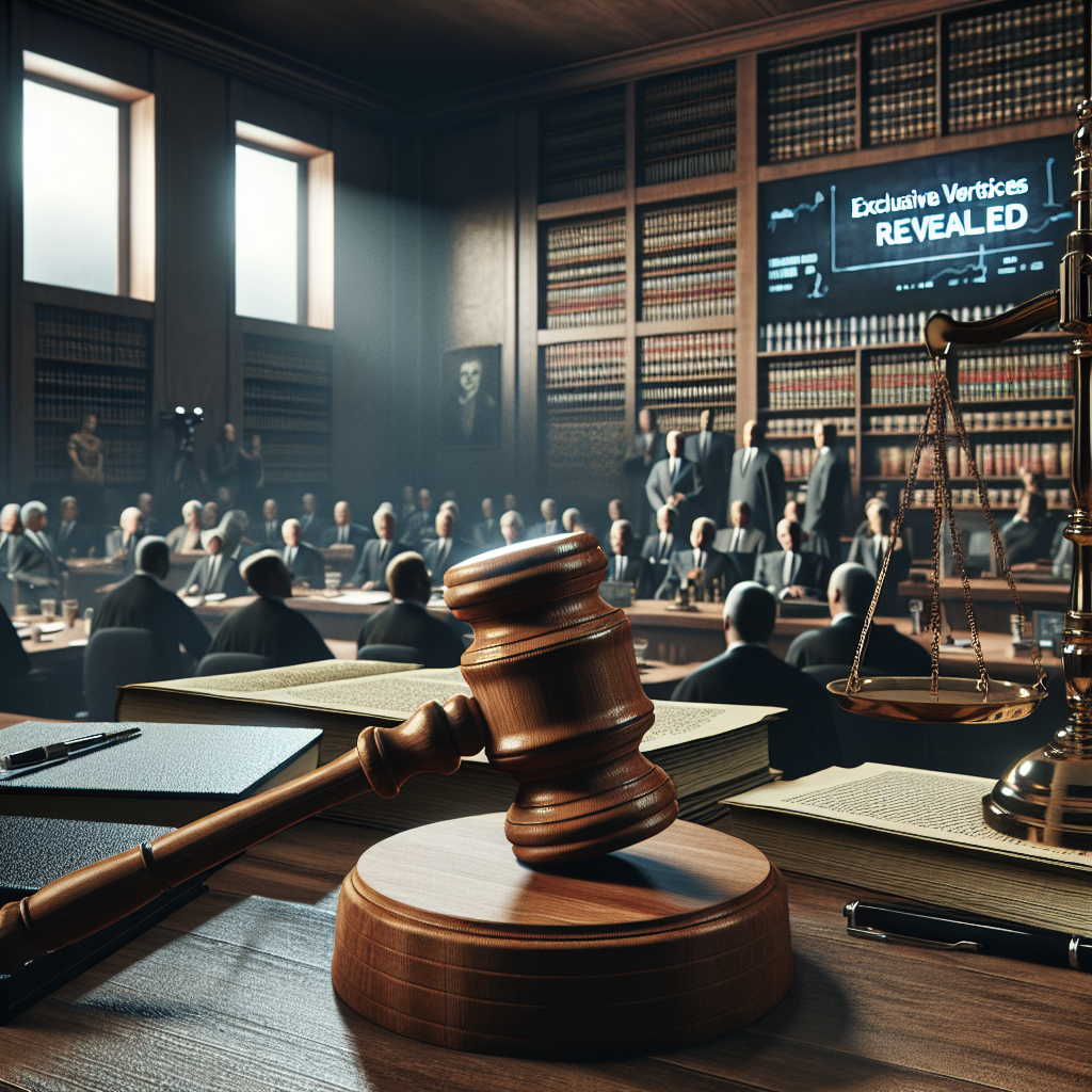 Imagine an old-fashioned wooden judge's gavel resting on a stand, against the background of a law courtroom filled with spectators, tall stacks of legal documents, vintage scales of justice, and lawyers conferring among themselves. A prominent display on a digital screen represents the phrase 'Exclusive Verdicts Revealed'. No identifiable faces are to be visible, the spotlight is on the gavel itself and the intense atmosphere of the trial.