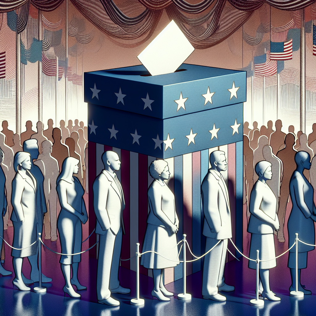An image depicting a symbolic representation of democratic voting process changes in the United States. In the image, voices representing the average voters are depicted as a diverse group of adult men and women of different descents such as Caucasian, Hispanic, Black, Middle-Eastern and South Asian, all depicted with equal probability, standing in a queue to cast their votes. In the background, a prominent yet abstract representation of a stylized ballot box is shown. The atmosphere is calm, peaceful and very orderly, emphasising the democratic spirit of the nation.