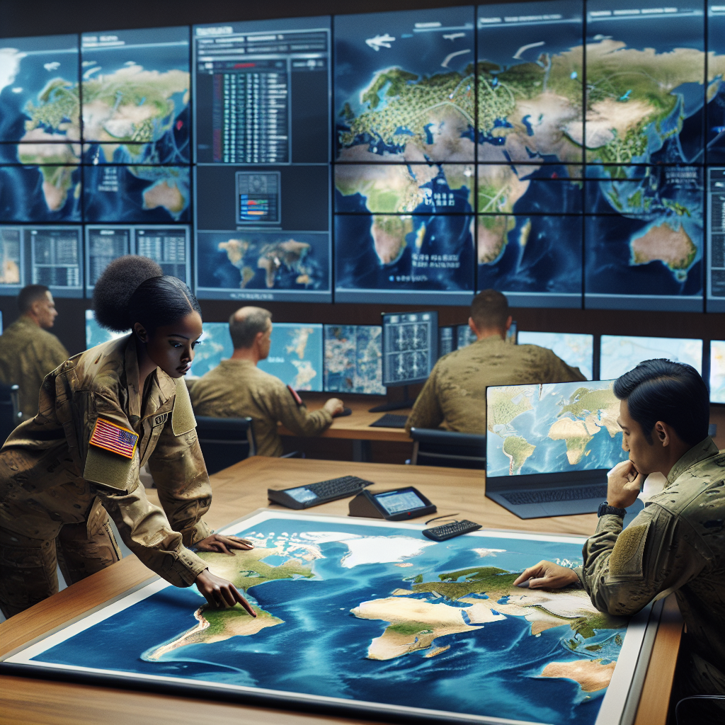 A scene of a map room where individuals are making strategic decisions. The room is filled with multiple screens showcasing various geographical locations and military markers. An African-American woman, wearing army camouflage uniform, is studying a large world map spread across a table, her fingers tracing potential routes. A South Asian man, donning a navy uniform, is looking at the multiple screens, his focus evident in the tension in his eyes. Some ports, bases, and relief camps are marked on the map, indicating strategic movements. The air in the room is serious, speaking volumes about global security responsibilities.