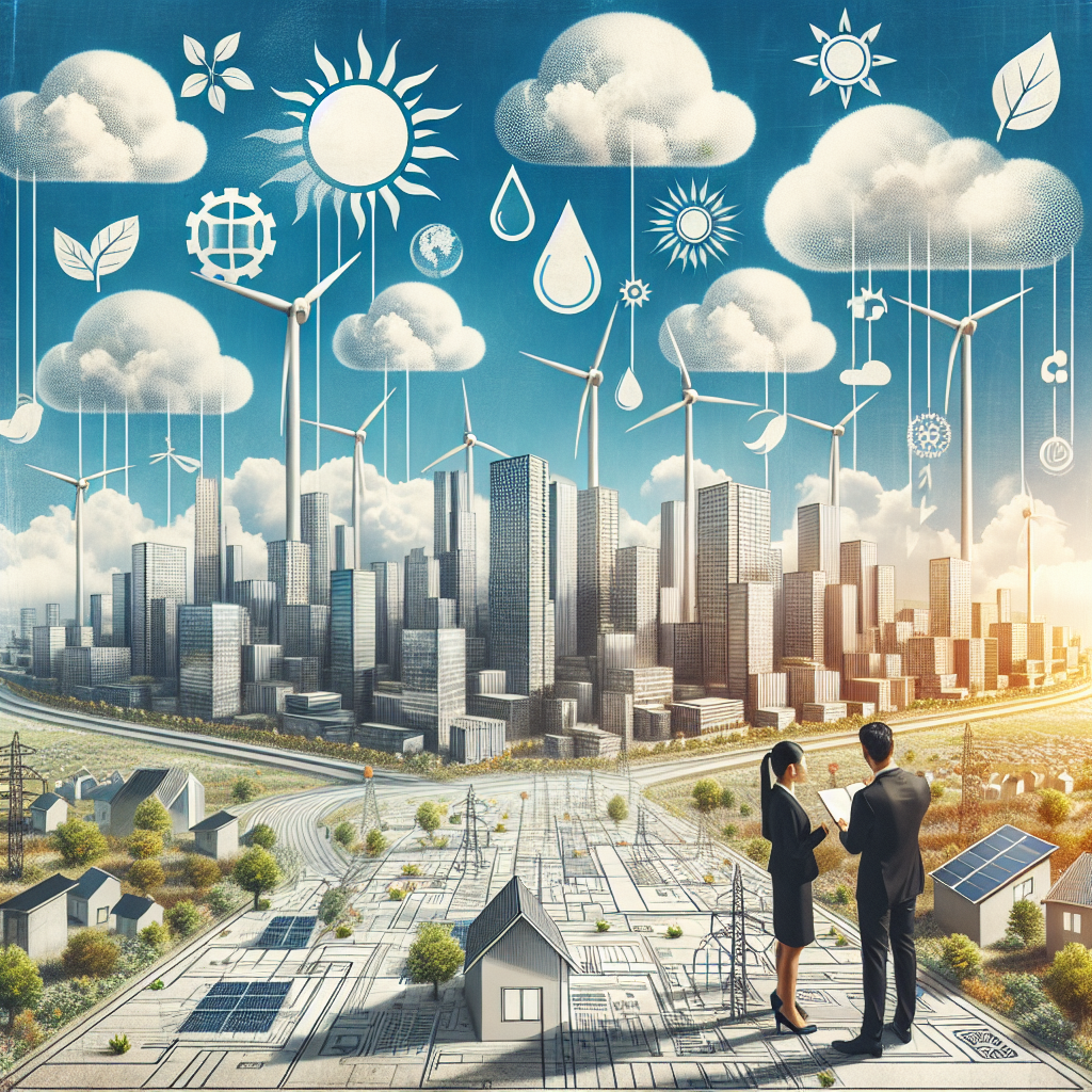 An informative and appealing image with the theme of clean energy investments. It depicts a modern and bright city skyline with many renewable energy sources, like wind turbines and solar panels. In the foreground, two investors, an Asian woman and a Black man, are analyzing an infrastructural blueprint of a sustainable urban plan. Prominently shown in the sky are clouds shaped like the symbols of the different clean energy sources, gusts for wind, sun for solar, droplet for hydroelectric, and leaf for biomass, overarching the cityscape as the climate legislation strategy for combating climate change.
