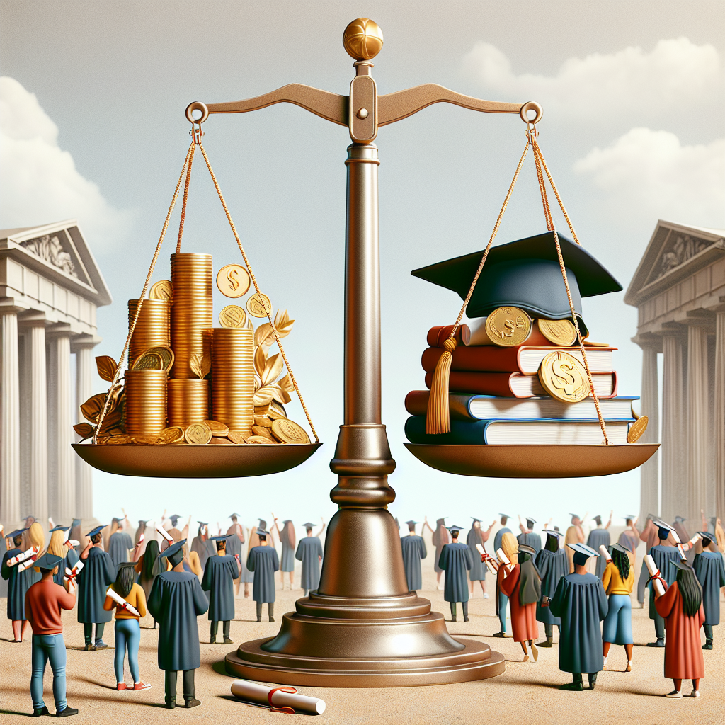 Imagine an image that signifies student loan forgiveness. A large, metal scale balanced perfectly is in the center of the scene, symbolizing repayment. On one side of the scale, there's a stack of golden coins representing debt. On the other side, you see a relief sculpture of a graduation cap, showcasing the weight of education. In the background, diverse groups of students representing different genders and descents (Caucasian, Asian, Black, Middle-Eastern) are holding their diplomas and walking away from the scale, expressing a sense of relief and freedom after graduation. The style of the image is realistic with a light, hopeful color palette.