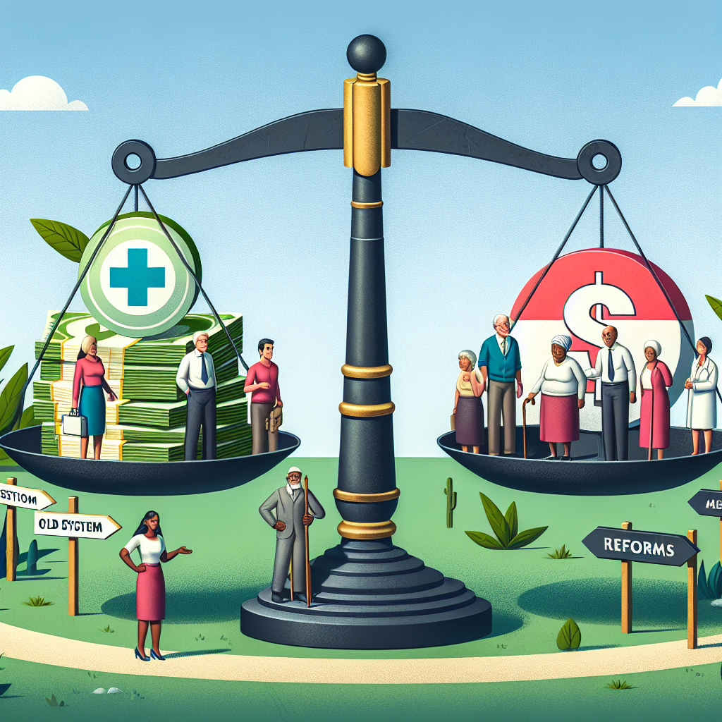 Create an image illustrating the theme of healthcare reform, particularly in relation to Medicare. Start by showing a balanced scale with one side weighted by a stack of dollar bills representing the financial burden of healthcare. On the other side, place a group of diverse people, including a Hispanic elderly woman, an African American middle-aged man, a Middle-Eastern young woman, and a South-Asian elderly man embodying the concept of Medicare. Above them, depict a medical plus symbol transitioning into a dollar sign, signifying the balance between health and cost. Add a signpost in the background with directions: 'Old System' and 'Reforms', indicating the shift towards change.