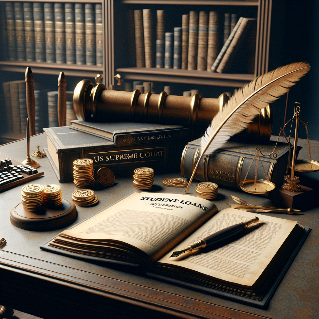 An image showcasing a stylized vintage study room with a wooden desk in the center. On the desk lays an open book with the title 'Student Loans: Key Breakdowns'. Beside the book, there's a feather quill ink pen, a pile of gold coins representing student loans and an antique brass gavel symbolizing court rulings. A large, parchment scroll with the partially visible text of 'US Supreme Court Rulings' on it is unrolled on the desk. The background features a grand bookshelf with books of various sizes and colors. The whole setup reflects an atmosphere of solemnity and gravity, conducted in a neutral color palette.