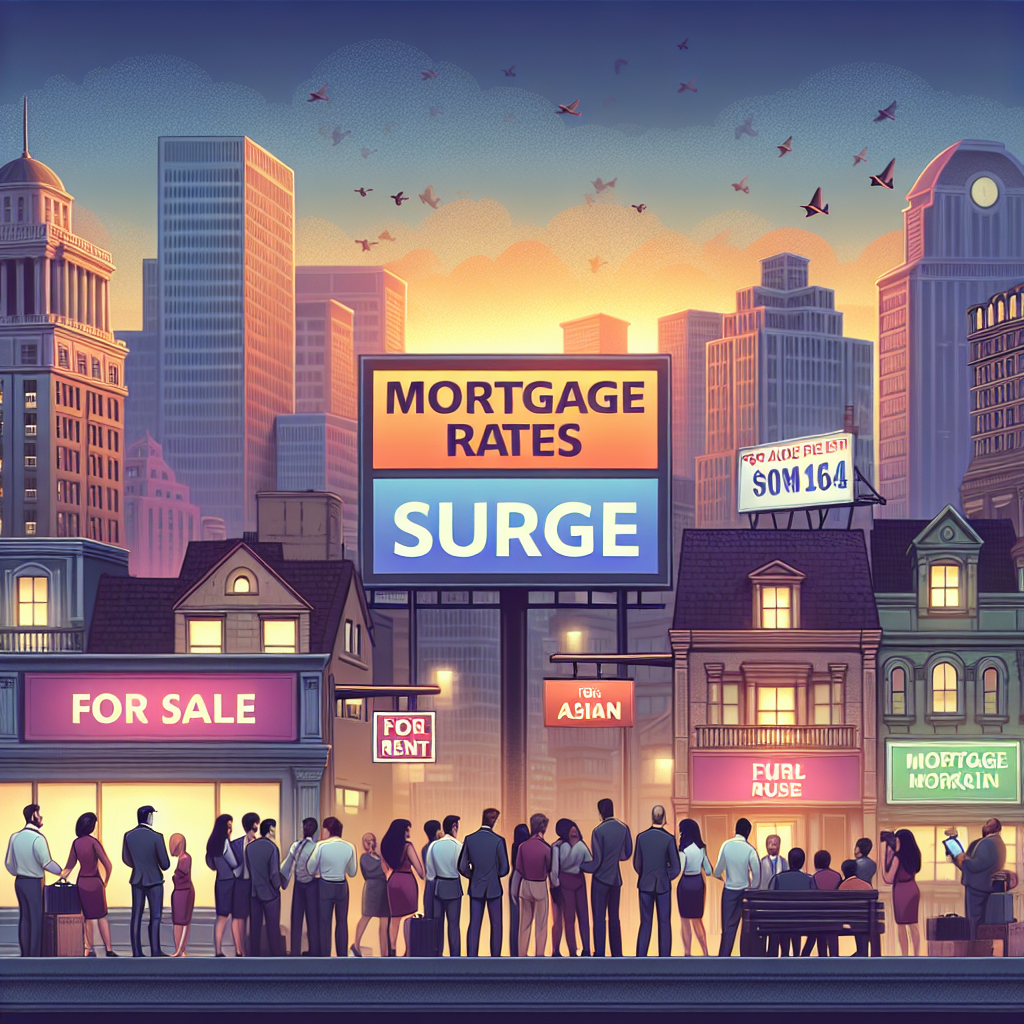 Illustrate a late evening urban scene showing a diverse group of people, of various descents like Hispanic, Asian, and Middle Eastern, studying a large digital billboard displaying the news headline 'Mortgage Rates Surge'. Around them, the cityscape features a mix of both classical and modern architecture with FOR SALE and FOR RENT signboards on some properties. A few people are huddled together in discussion, representing different occupations such as finance professional, real estate agent, and potential home buyer. The sky is set ablaze by the setting sun in the backdrop, symbolizing the heating market conditions.