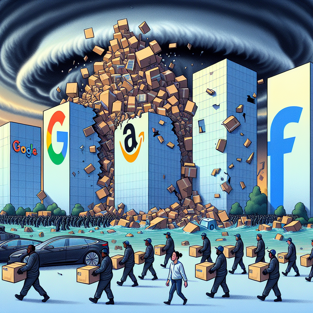 A powerful storm symbolizes the drastic effects on the four major tech companies. Following the storm, we see a shattered glass building representing Google, a toppling tower of cardboard boxes for Amazon, a crumbling social media icon for Meta, and a malfunctioning electric car for Tesla. Foregrounded, a multitude of uniformed workers, from a variety of descents: Hispanic, Black, Middle-Eastern, South Asian, and Caucasian, and genders: males, females, and non-binary individuals, are shown leaving the scene, carrying boxes of their belongings in an expression of mass layoffs.