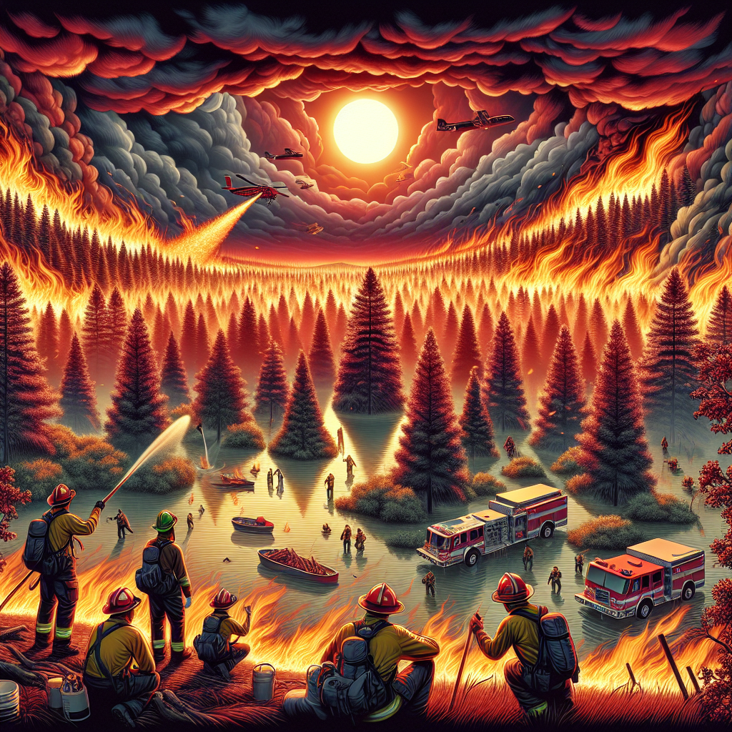 A detailed, dynamic scene showing an intense heatwave causing a wildfire in a dense forest area. The sun blazes fiercely in the sky, casting a harsh light on the sinking trees overwhelmed by flames beneath a smoky, crimson sky. Clustered at a safe distance, a diverse group of firefighters—an African American woman, Hispanic man, and South Asian woman—bravely battle the blaze using advanced firefighting equipment. They employ strategic methods to control the fire, like creating firebreaks and using water aircraft. A banner is seen floating on top with the copious text 'Wildfire Emergencies: Best Strategies to Combat Extreme Heatwaves'.