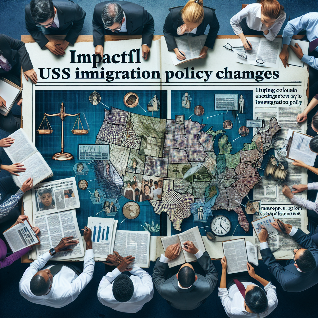 An image depicting a diverse group of individuals examining maps, documents, and other pieces of data relevant to immigration policy. At the center of the image, an open newspaper headlines 'Impactful US Immigration Policy Changes' with key highlights drawn out in graphic detail. On the side, a digital screen shows a national border map symbolizing security updates. Intersperse symbols of justice, such as scales or a gavel, to indicate policy evaluation. Create a collaborative atmosphere focused on problem-solving. Ensure to depict individuals of varied races and genders in professional attire, signifying a multi-ethnic team of policy-makers.