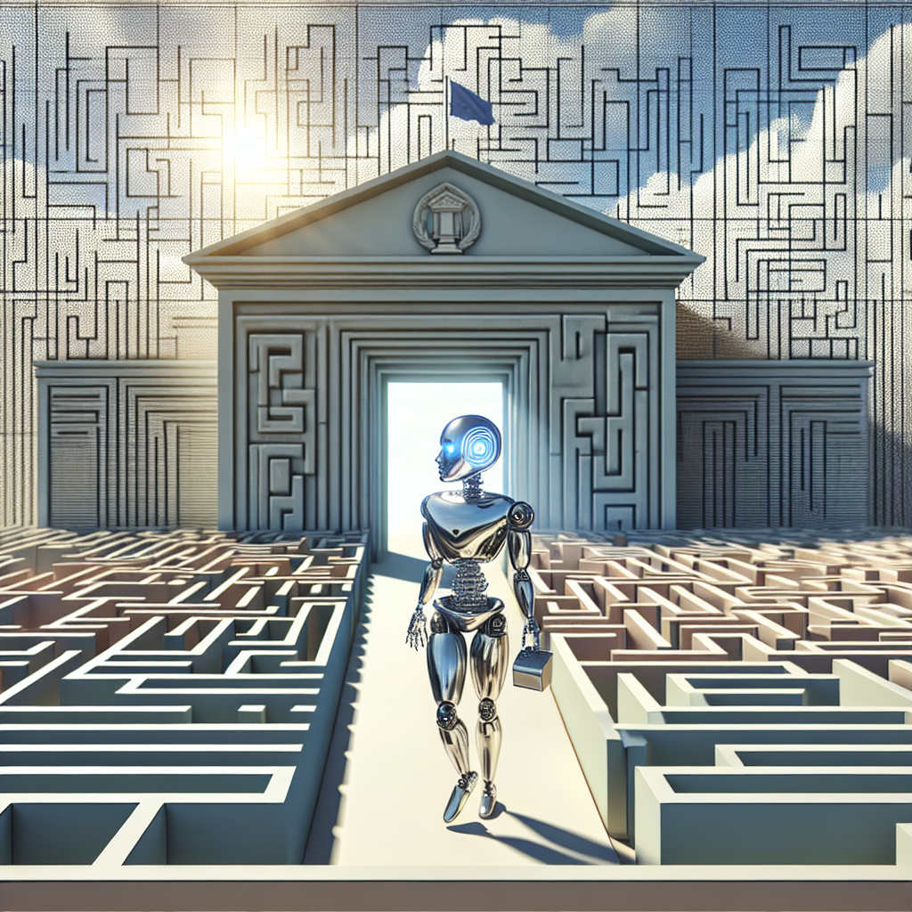 Illustrate a concept showcasing the regulation of artificial intelligence. Visually articulate the complexity of this task with a large, intricate maze made up of straight lines and tight corners, symbolic of policy labyrinth. At the entrance of the maze, place a shining, anthropomorphic robot, representing artificial intelligence, about to navigate through the challenges. The robot should be chrome with expressive digital eyes, showing both intelligence and emotion. In the sky above the maze, depict a classical-style building in line with the architecture of the 20th century, representing an institution of authority. The scene should echo a crisp autumn afternoon, the maze casting long shadows yet the sky clear and blue.