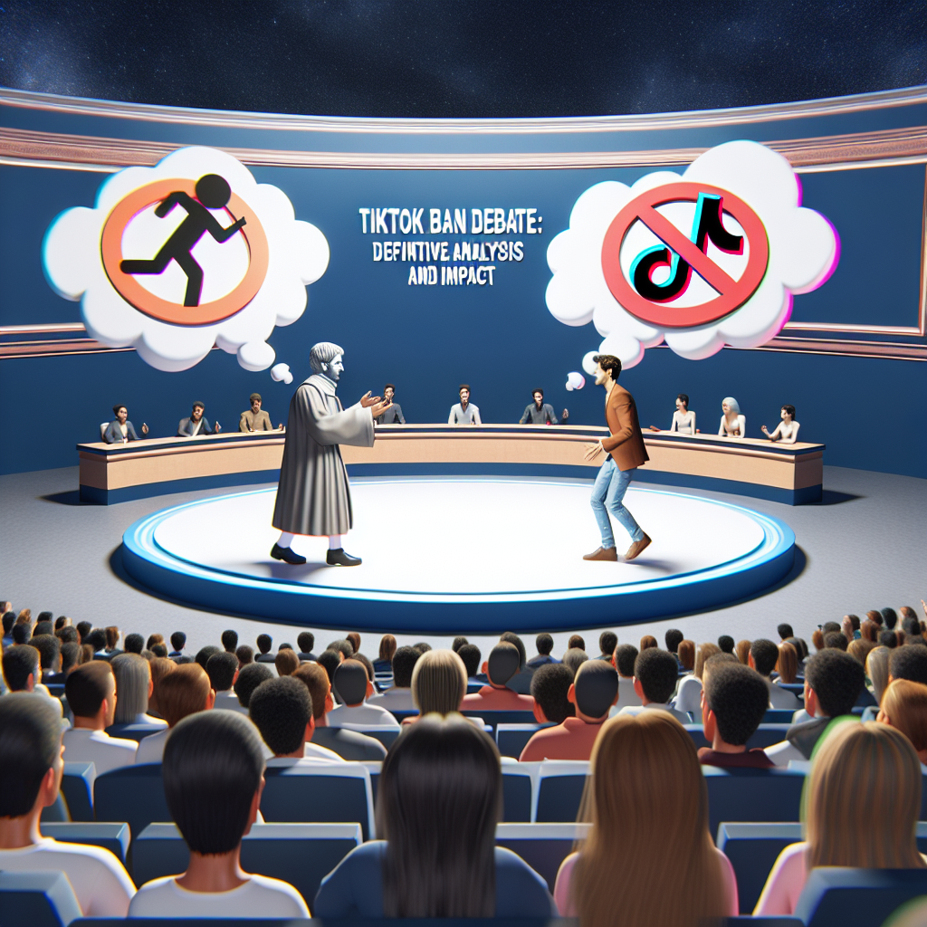 A panoramic view of an animated debate stage. On the stage, there are two imaginary figures discussing energetically. The figure on the left is portrayed as a conservative individual in classical attire, with a thought cloud showcasing a TikTok logo crossed out. The figure on the right is a youthful, modern individual dressed casually, defending the logo, as shown by an intact TikTok logo in their thought bubble. Above the stage, the title 'TikTok Ban Debate: Definitive Analysis and Impact' hovers in bold letters. The background is filled with a mixed audience of various demographics watching the debate attentively.