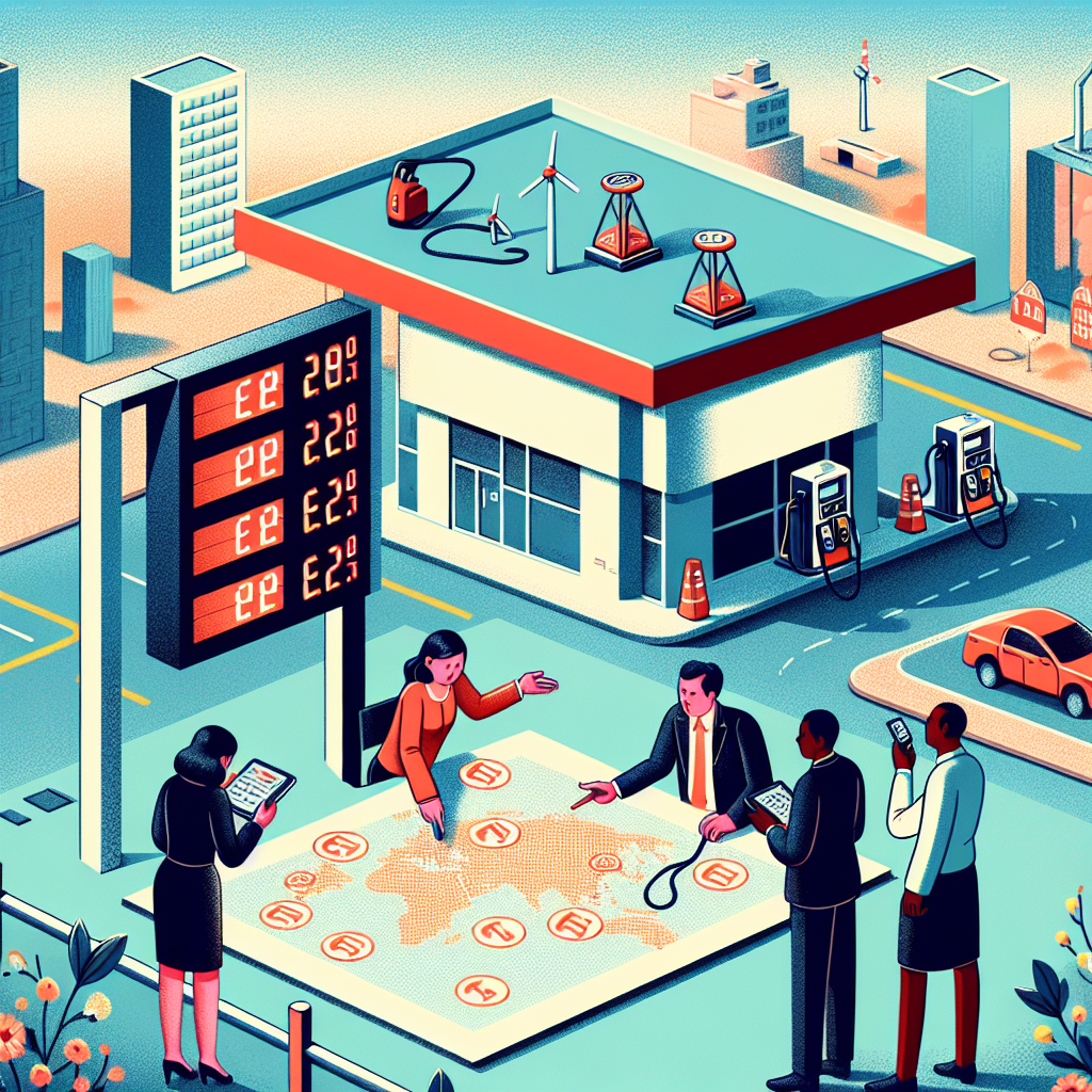 Illustration for a financial article. The main scene is a gas station with unusually low prices displayed. A diverse group of people, an Asian woman and a Black man representing energy policy strategists, are examining a large, oversized map dotted with symbols representing different types of energy resources, spread out on a table. They are in deep discussion, pointing at various locations and exchanging ideas. The backdrop of the scene presents a cityscape with renewable energy sources like solar panels and wind turbines incorporated into the usual buildings, suggesting a shift towards green energy.