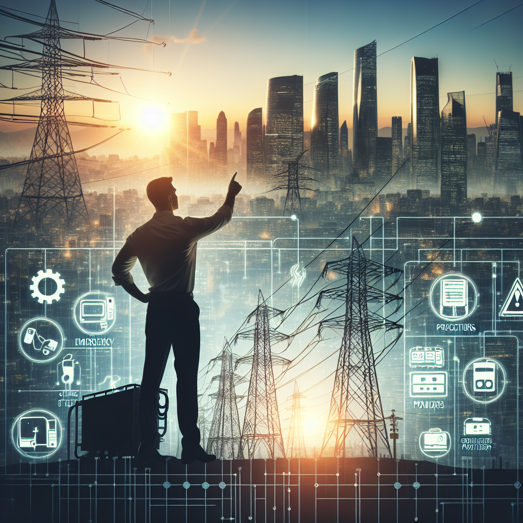 Imagine a scene with the silhouette of a city with skyscrapers against the backdrop of a setting sun. In a corner, there's a Caucasian male power engineer overlooking the city and pointing towards the vast power lines emanating from a power station, nearly lost in the city's complexity. Insert visual symbols of precautions for blackout prevention: such as emergency generators, surge protectors, circuit breakers, and disaster preparedness kits, scattered throughout the city landscape. The idea is to relay the significance of readying for a potential power grid failure.