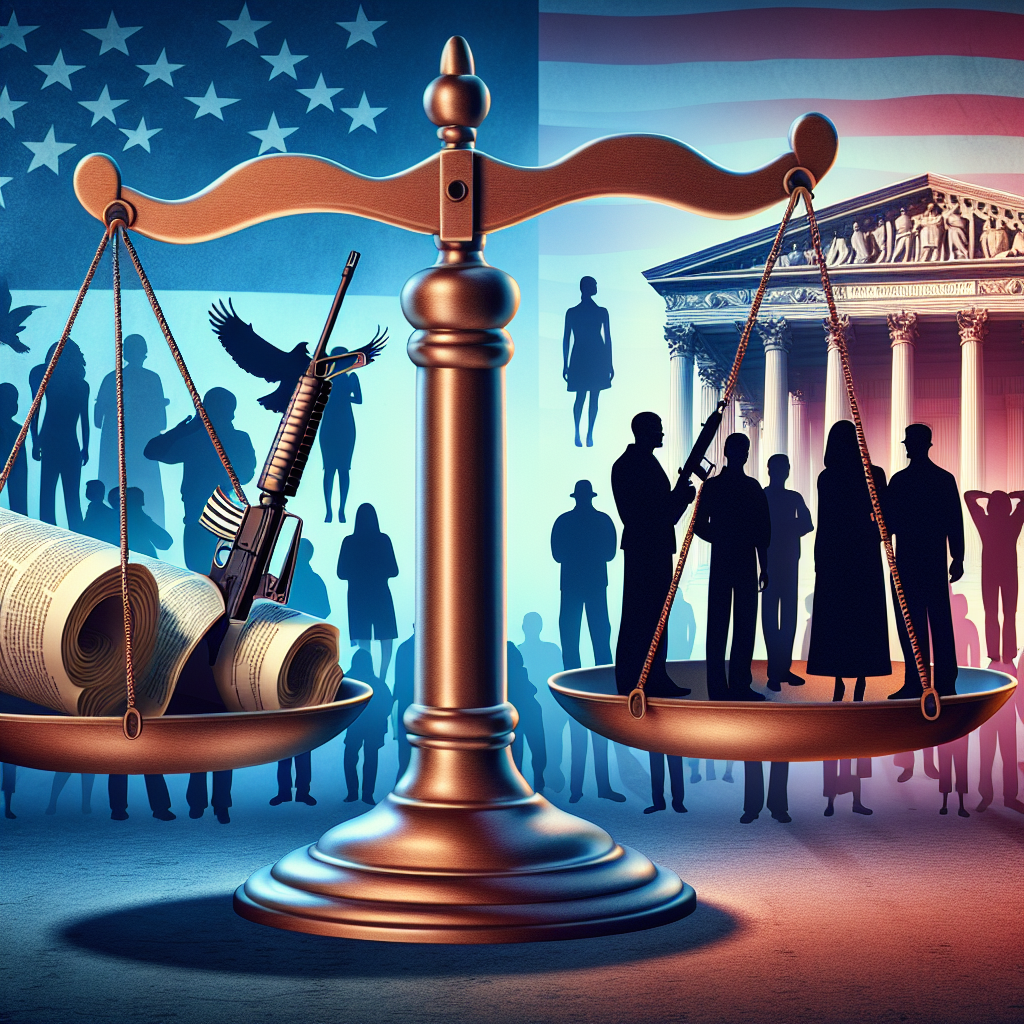 A thought-provoking conceptual image representing strategies to address gun violence under federal gun control legislation. The scene exhibits three primary elements. 1) A scale showing balance, representing the equilibrium between individual freedom and public safety. On one side of the scale is a detailed symbol of legislation (a rolled-up scroll or document). On the other side are silhouettes of diverse community members (a mix of Caucasian, African, Hispanic, Middle-Eastern, and Asian men and women of different age groups). 2) A semi-transparent overlay of a map of the United States, symbolizing federal jurisdiction. 3) A high-impact background composed of color gradients transitioning from cool peace-evoking blues to warm, intense reds symbolizing urgency and action. All elements are rendered in a realistic and mature style.