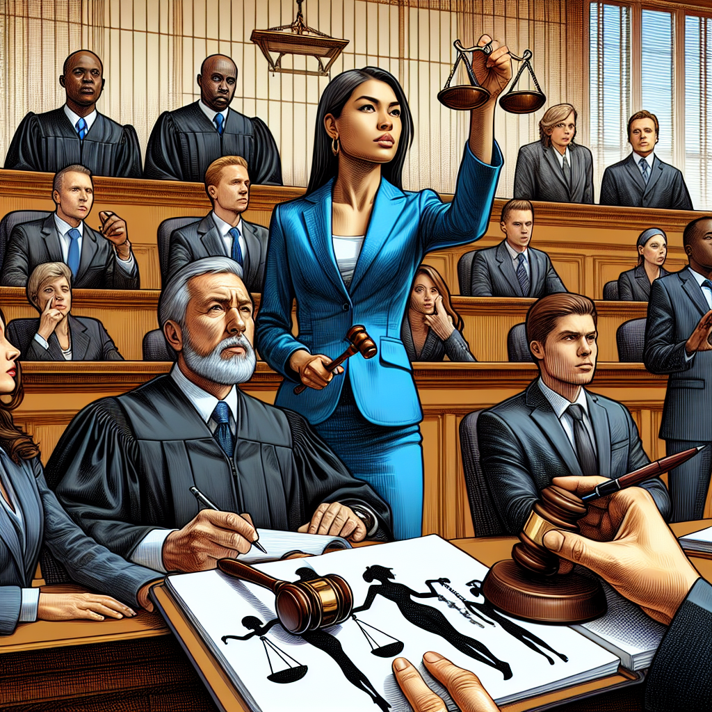 Create a detailed courtroom image with a diverse group of individuals. Highlight a Caucasian male judge in a black robe, wielding a gavel. Show a female South-Asian defense attorney in a blue power-suit fighting her case passionately. The prosecuting attorney is a Hispanic man dressed professionally in a black suit. The jury consists of different genders and descents including Black, Caucasian, Middle-Eastern, and Hispanic individuals. Furthermore, depict an artist's hand sketching the key moments of the trial on a notepad in the foreground. The background of the court has 'Justice scales' and 'US flag' images. Remember, the atmosphere is tense as the trial's verdict is about to be announced.