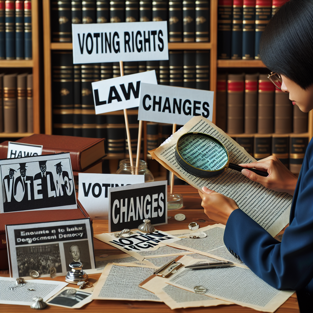 Create an image of a wooden table covered with various documents about voting law changes. A magnifying glass is placed on one of the documents, highlighting the text. There are also several placards depicting the words 'Voting Rights', 'Law Changes', and 'Democracy' scattered on the table. Someone is seen from behind, sitting at the table, reading the document under the magnifying glass. The person is an Asian woman with short black hair, wearing a blue business suit. Books about law and democracy line the shelves in the background.