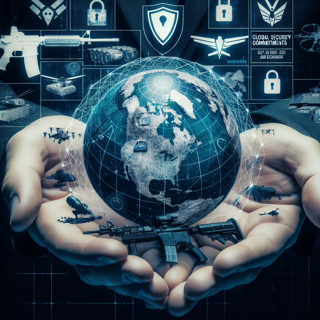 An image of a globe surrounded by symbolic representations of security such as shields and padlocks. Superimposed over this, a stock image of generic military equipment such as drones, tanks, and rifle silhouettes, suggesting the role of the military in maintaining global security. Overlaid by textual headings saying 'Global Security Commitments' and 'Must-Have Aid Decisions'.