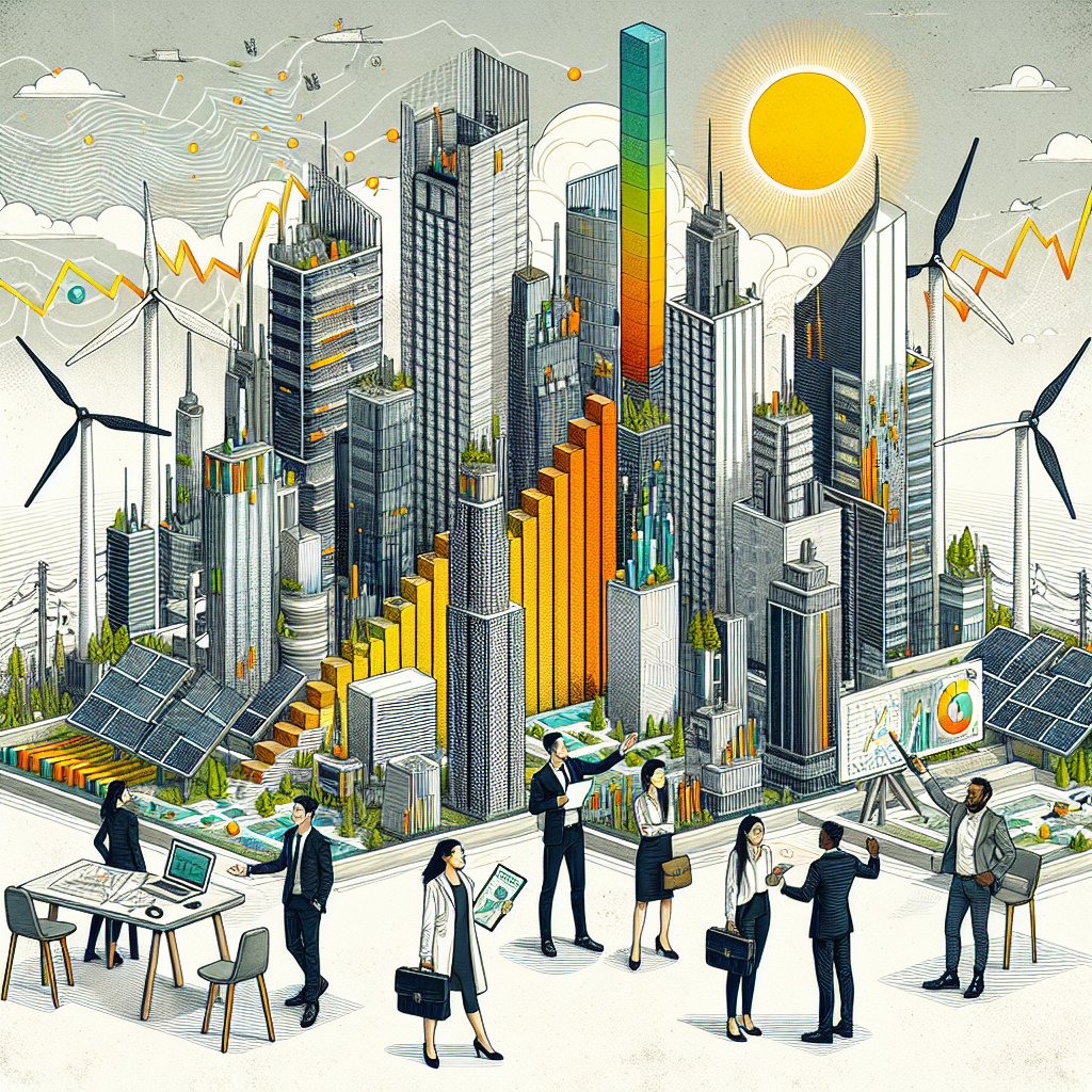 An intricate illustration of a modern cityscape with towering skyscrapers, powered by renewable energy sources. Wind turbines can be seen on the city outskirts and solar panels line the buildings' rooftops. A group of diverse individuals, including an Asian female investor with a briefcase, a Hispanic male engineer holding blueprints, a Middle-Eastern female scientist pointing to a solar panel, and a Black male businessman gesturing towards the cityscape, are discussing strategies on a rooftop. A bar chart resembling growth is subtly integrated into the city design, along with a statement: 'Invest in a Greener Future.'