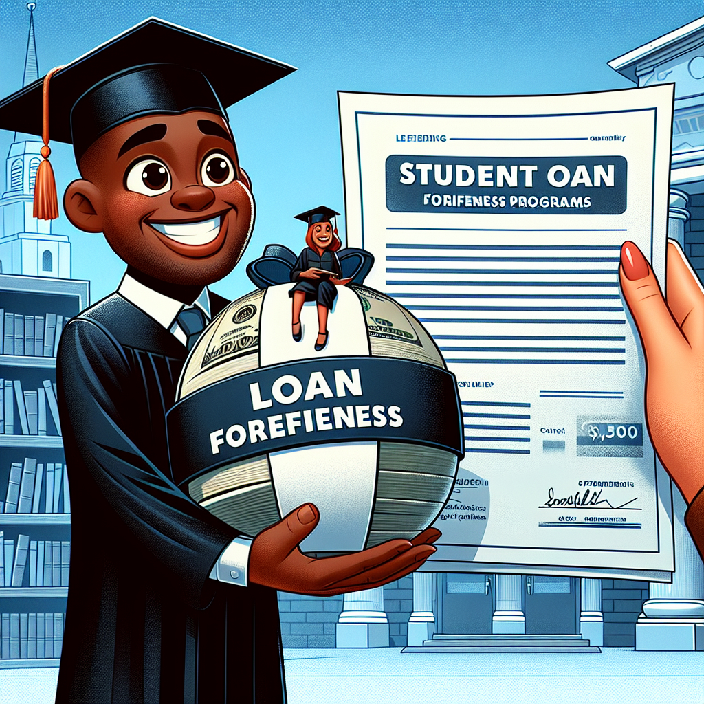 An image showing a happy black male student in graduation cap and gown, holding a big weight of student loans in one hand that's being dramatically reduced to a small feather by a program's representation. This could be a written document saying 'Loan Forgiveness', held by a Caucasian female hand, maybe a financial advisor's. A catch line at the bottom of the image states 'Effortless Repayment Updates'. On the top, the title in bold letters 'Student Loan Forgiveness Programs' provides the context. The background should include elements of a university setting such as campus buildings or a library.