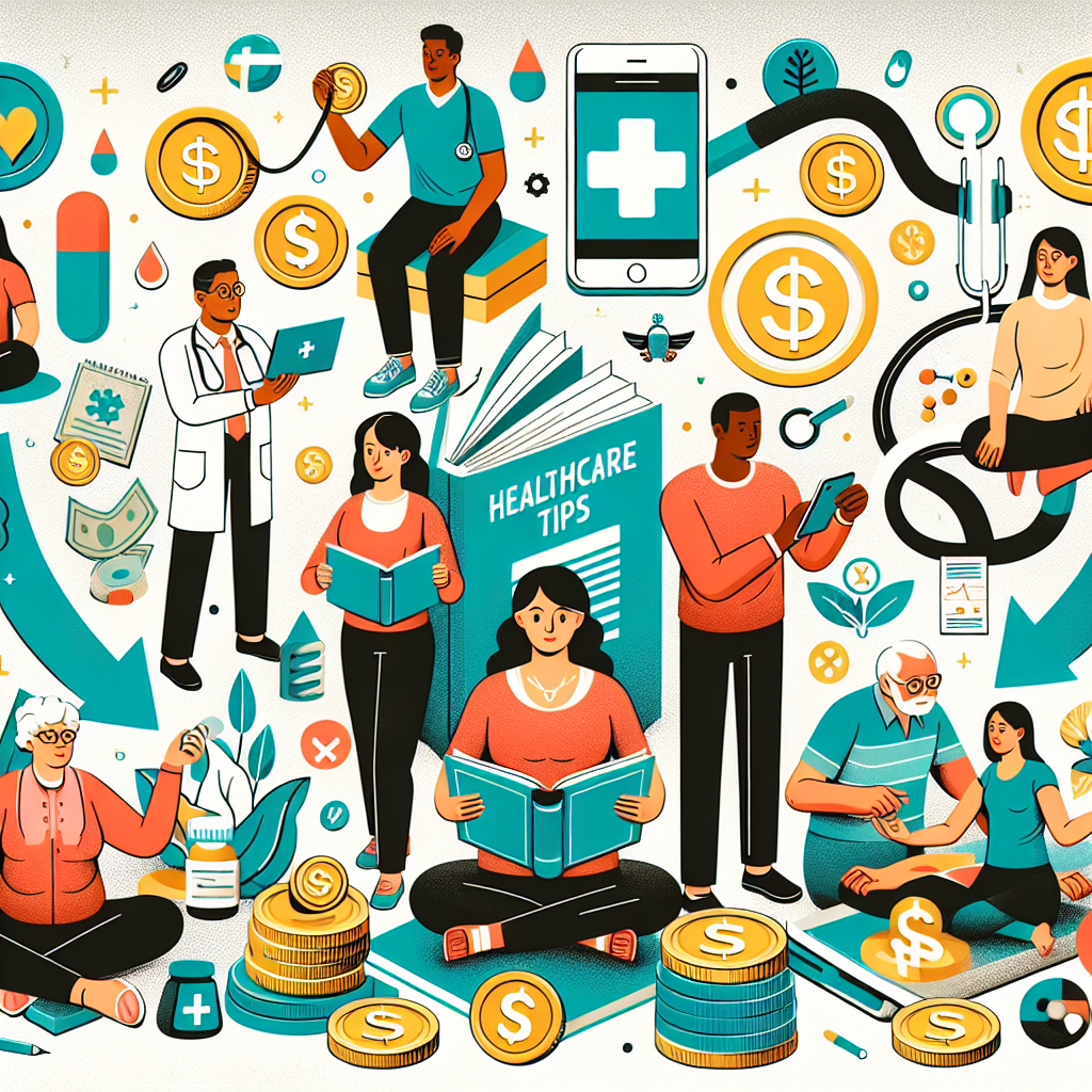 An image showing a diverse group of people engaging in various activities to reduce healthcare costs. The scene includes an Asian woman reading a book titled 'Healthcare Tips', a Black doctor advising a Caucasian senior citizen, a Hispanic man using a health application on his smartphone, and a Middle-Eastern family practicing yoga for wellness. Surrounding these scenes are illustrations representing financial elements such as coins, dollar signs, and downward arrows symbolizing reduced costs, all intertwining with elements from the healthcare world like medical symbols, prescription pills, and an ambulance.