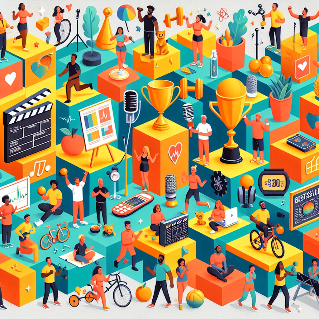 Illustrate a scene of a festive event with various sectors representing different milestones. Each sector is filled with symbolic elements denoting the milestones like a golden trophy, a film slate, microphones, a best-seller book, etc. Alongside the milestones, depict elements symbolizing vibrant health updates such as fruits, dumbbells, bicycles, joggers, a yoga mat, and a heart rate monitor. Showcase a variety of people of different gender and descents—Black, Middle-Eastern, Hispanic, South Asian, Caucasian, and more—engaged in these health-focused activities.