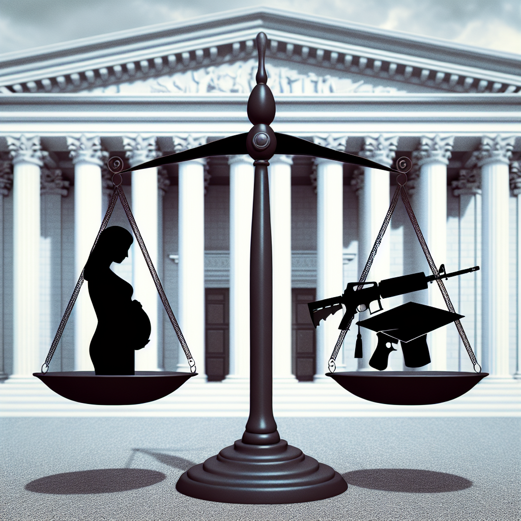 An image representing the concept of law judgment impacting three significant areas of American society: reproductive health rights, firearm regulations, and student loan policies. It could show an abstract representation of a balance scale with three pans: a silhouette of a pregnant woman, a gun, and a graduation cap, suggesting the three topics. The background can be a columned building denoting a courthouse. Please, interpret this scenario creatively, making sure it is respectful and does not favor any political viewpoint.