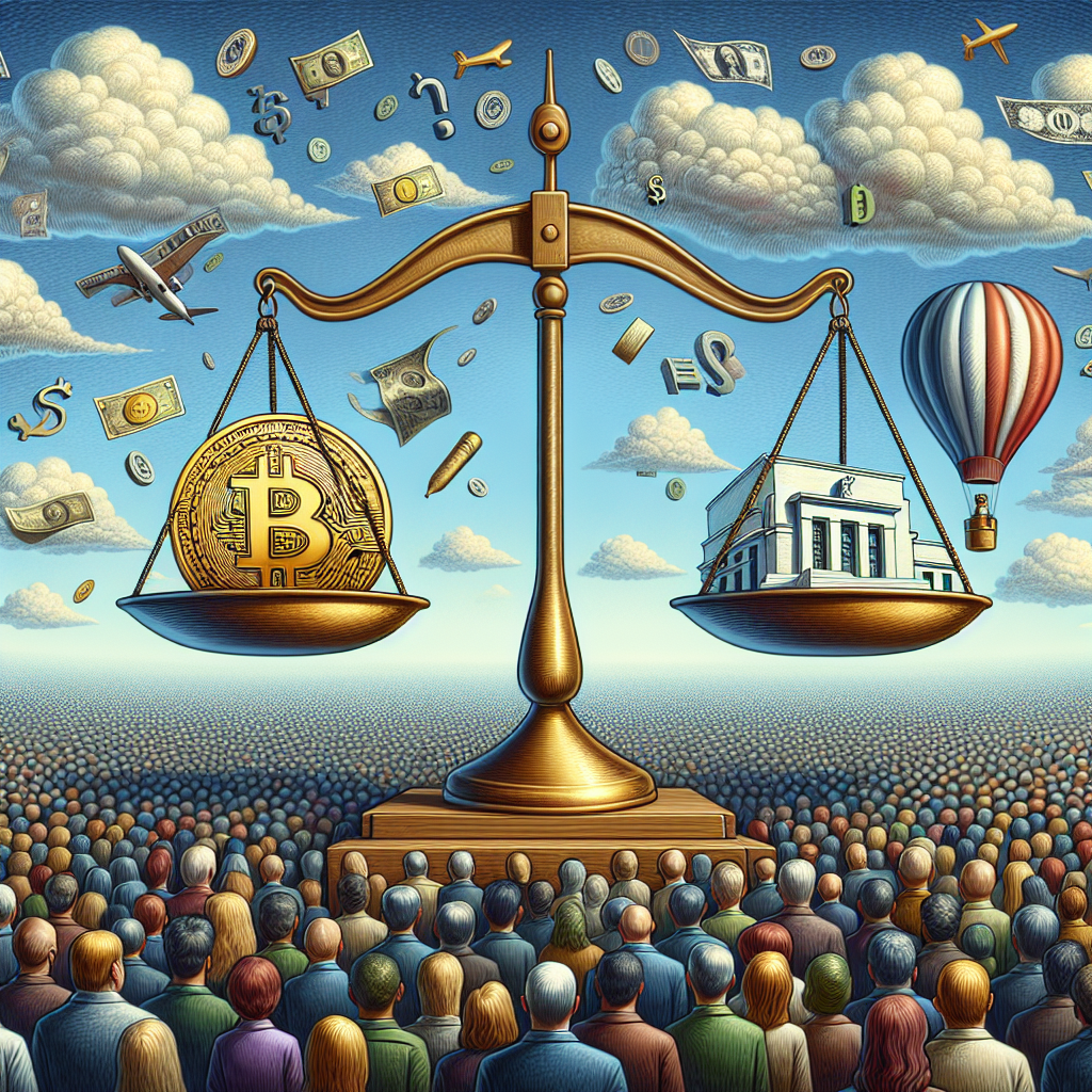 An illustrative image showing a large balance scale. On one side of the scale is a gold coin with the symbol of inflation, a hot air balloon rising, and on the other side is a pile of documents titled 'Federal Reserve Interest Rate Decisions'. Above the scales, a randomized crowd of people from various descents such as Caucasian, Hispanic, and South Asian are nervously watching. The backdrop is a sky with clouds shaped like various world currencies. The whole scene symbolizes the delicate balance of economic decision making.