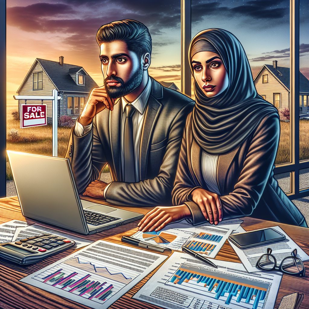 A detailed scene depicting the concept of rising mortgage rates in the United States. In the foreground, a couple of various descents, perhaps a Middle Eastern man and a Caucasian woman, are sitting at a wooden table with a laptop, papers, and financial charts. They are visibly concerned, examining data about the housing market. Behind them, a panoramic window reveals a suburban neighborhood. There, a 'For Sale' sign can be seen in front of a small house, symbolizing the housing crisis. The background is filled with a setting sun, representing the daunting challenge faced by many homeowners.