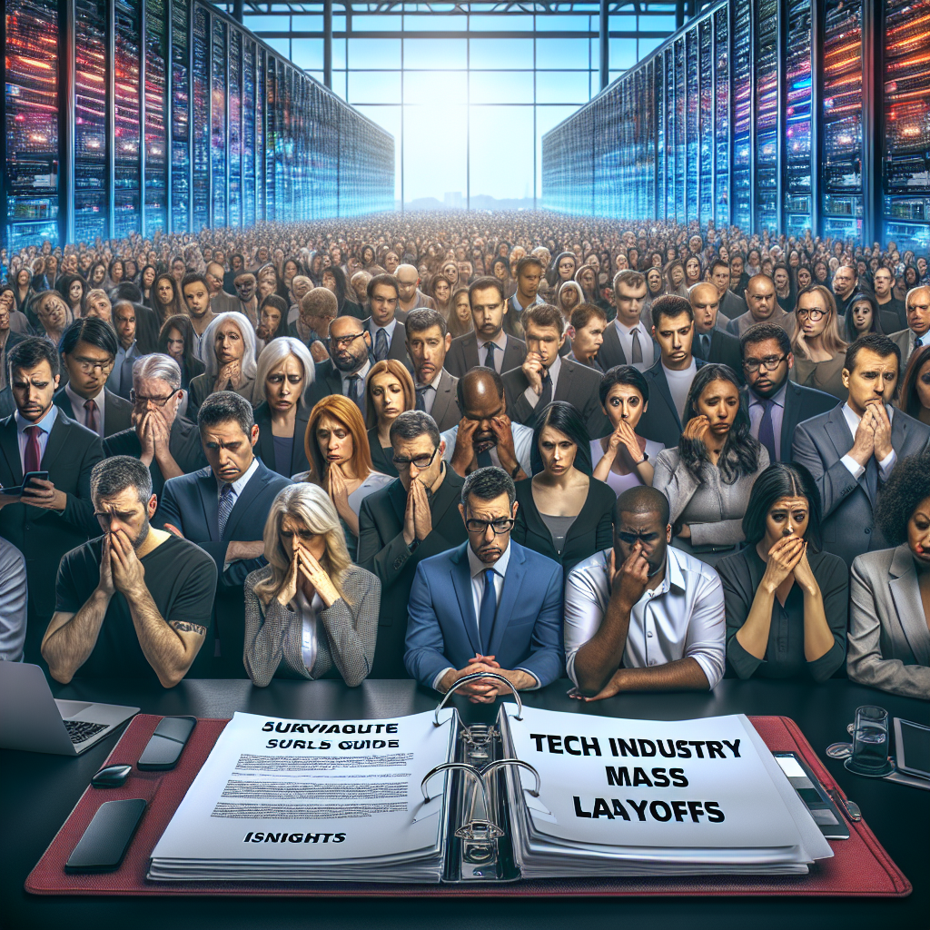 A large group of professionals from various technology fields looking distraught over news of mass layoffs. The group is diverse, including individuals of both genders and from descents such as Hispanic, Middle-Eastern, South Asian, Caucasian and Black. In the foreground, a binder labelled 'Survival Guide' is opened on a table. The binder has tabs for 'Insights' and 'Guide'. The background highlights the digital nature of the industry, filled with server racks and coding screens. Overhead, a title looms ominously: 'Tech Industry Mass Layoffs'.