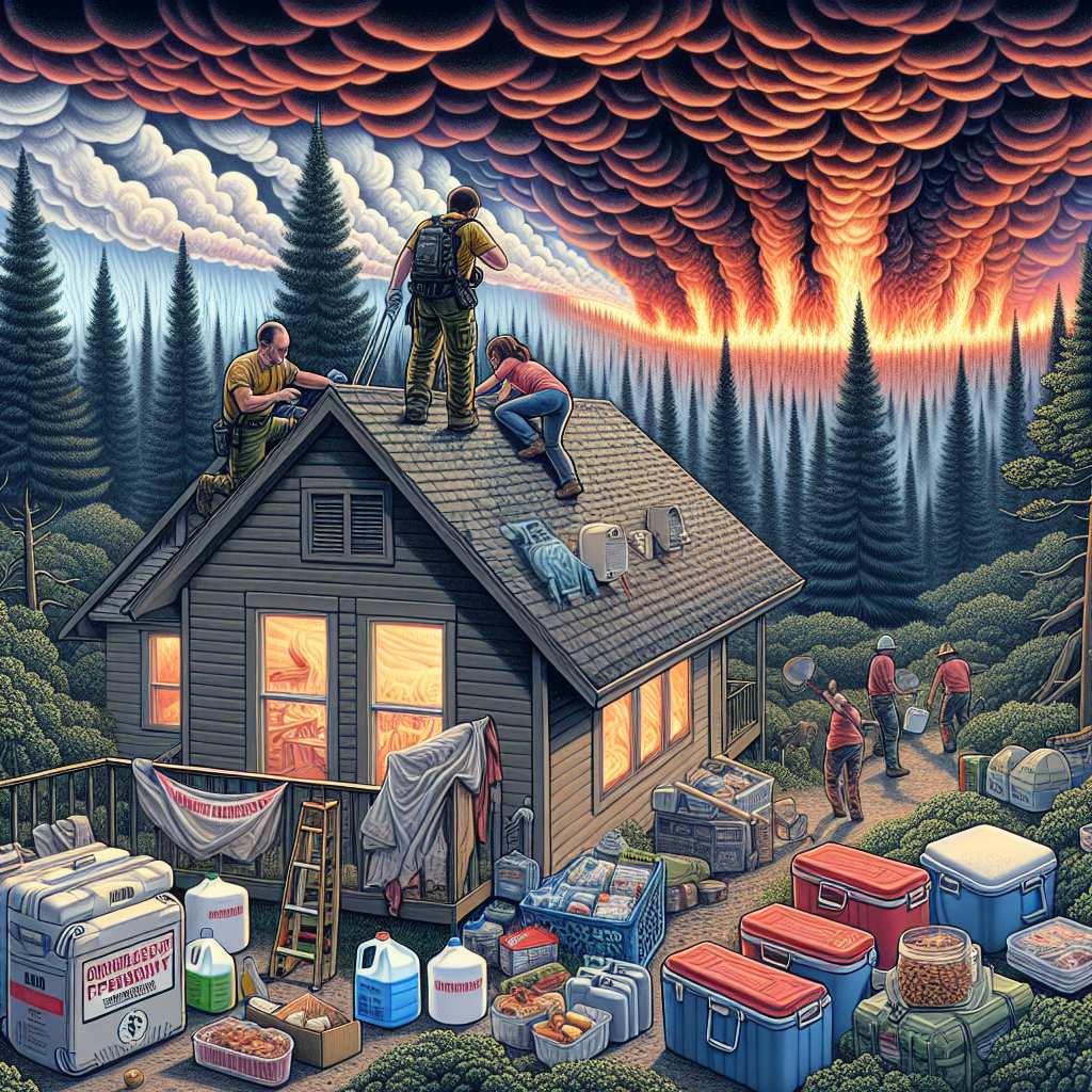 An intricately detailed image depicting the reality of wildfire emergency preparedness. Show a household in a forest clearing, insulating their home with flame-resistant barriers. A Caucasian man is on the roof, securing the barriers, while a Middle-Eastern woman is at the ground level, dousing the surrounding area with water. Depict a useful assortment of emergency supplies like food, medical kits, and water jugs nearby. In the background, distant smoke billows towering over the forest signifying an imminent wildfire. To give an aura of urgency, the sky should be painted with hues of deep orange and crimson.