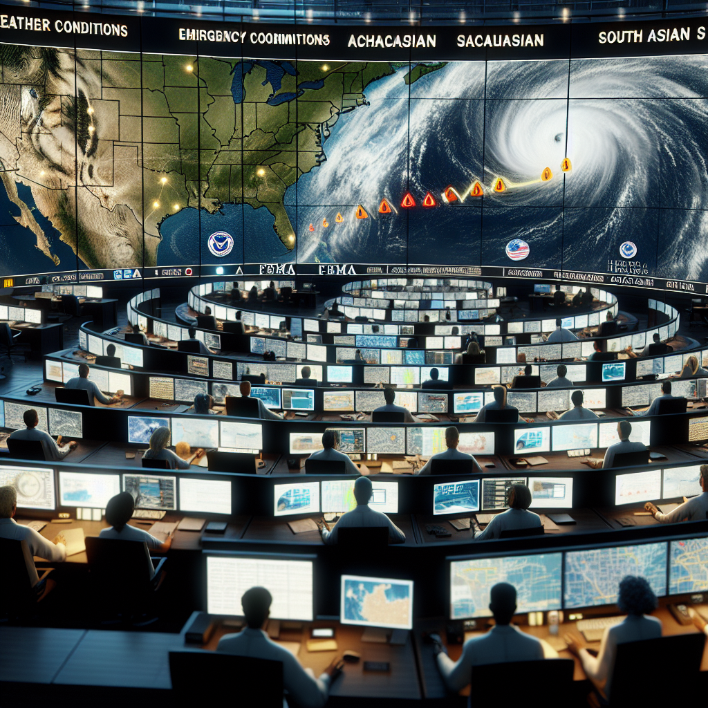 Visualize a bustling FEMA emergency command center. Show personnel working diligently before a large high-tech screen illuminating the U.S. Map, pinpointing an incoming storm over the Atlantic Ocean. The team should be multifarious, with Male, Female, Black, Hispanic, Caucasian, South Asian operators attentively monitoring the situation. On the side, a flashing alert sign reads 'Hurricane Advisory'. Reports of weather conditions, evacuation protocols, and hurricane forecasts cover their desks. The picture captures the intensity and coordination of disaster preparedness during hurricane season.
