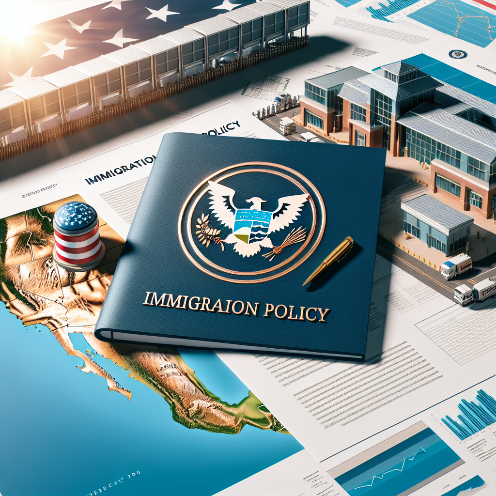 A composition of an updated map showcasing new immigration routes into the United States, a stack of fresh policy documents with 'Immigration Policy' written on the top one, and a depiction of an enhanced border security checkpoint with modern equipment. Also include an emblem representing the United States prominently displayed in the image layout. It's a bright, clear day with the sun symbolizing hope and change.