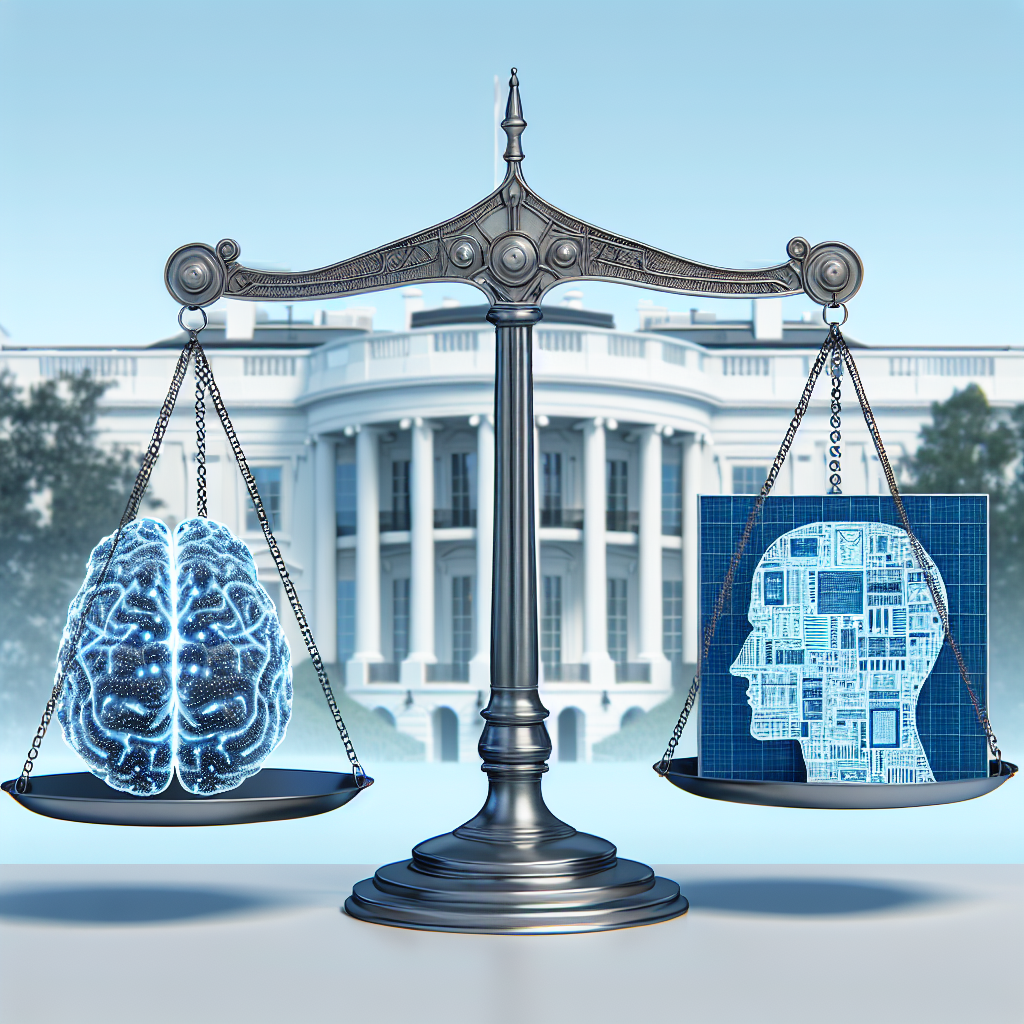 Illustrate a conceptual image for an article about strategies for policy regulation of artificial intelligence. Depict a balance scale, on one side, place a brain-like structure meant to symbolize artificial intelligence. On the other side of the scale, place a detailed blueprint illustrating policy measures. This is all situated in the foreground of a large white building, similar to the White House but not an explicit replica. Use a color palette of blues and whites to reflect both technology and government themes.