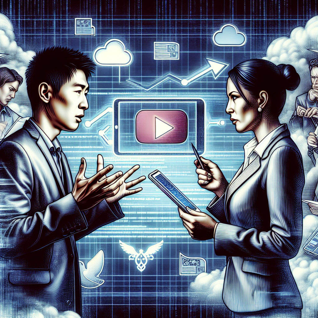 Visualize a symbolic representation of the debate surrounding the banning of a popular video-sharing social media platform, with two human figures engrossed in discussion. One figure is an Asian tech entrepreneur, male, with casual business attire, holding a smartphone displaying the logo of a generic video-sharing app. The other figure is a Caucasian political figure, female, with formal attire, holding a document with what appears to be regulations. Behind them is a backdrop of digital data flow, illustrating the underlying tech tensions between the East and the West.