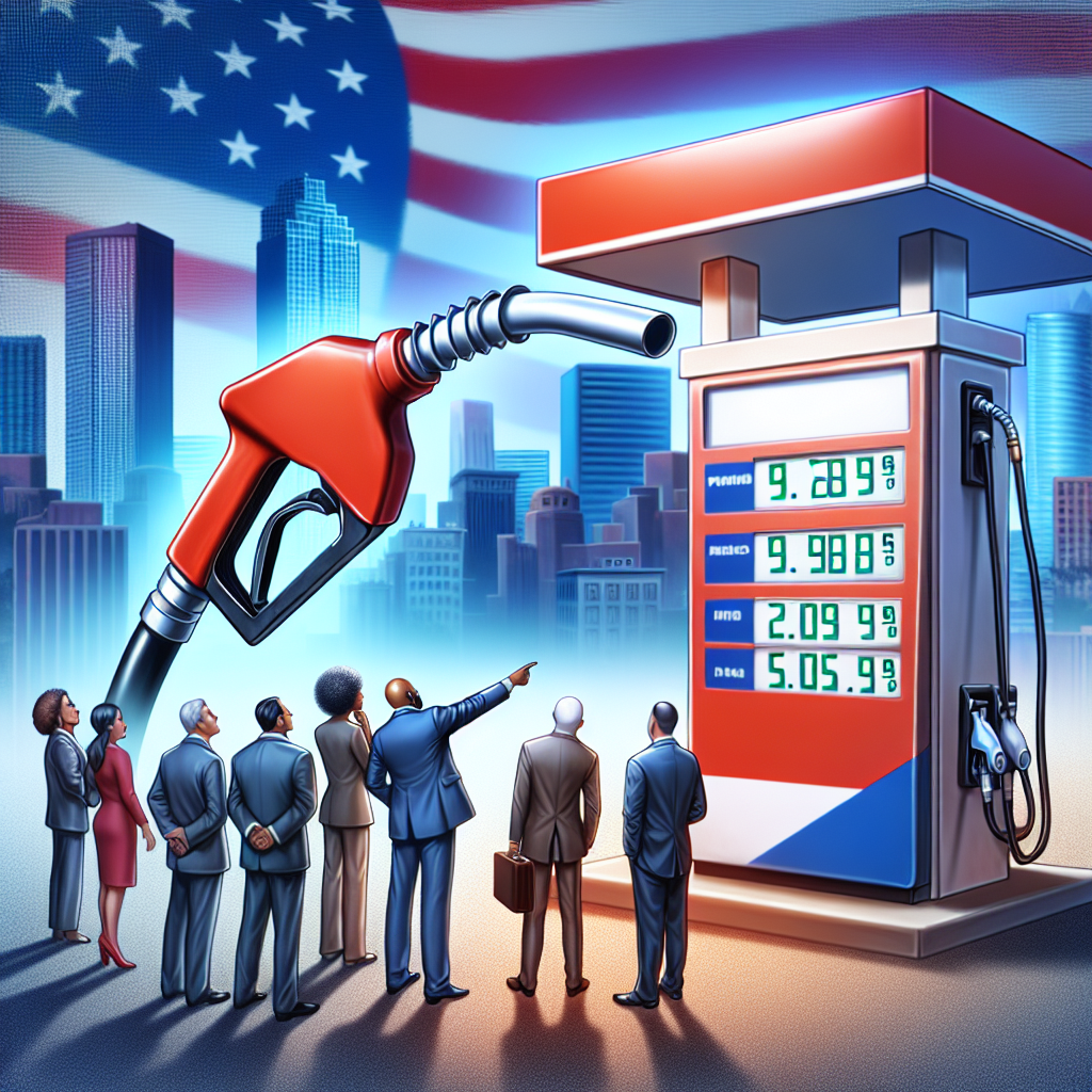Visualize the concept of falling gas prices in the United States. The image should show a large gas pump with the price numbers rapidly decreasing to represent the plummeting prices. It can be set against a backdrop of an American city skyline, symbolizing the nationwide impact. A few people, men and women of various descents such as Middle-Eastern, Caucasian, and Black, should be shown looking curiously at the falling prices. To represent the energy policy impacts, include a figure in a suit, possibly an energy analyst, pointing at the plummeting prices and explaining to the people. The image must be vibrant yet clear in its theme.