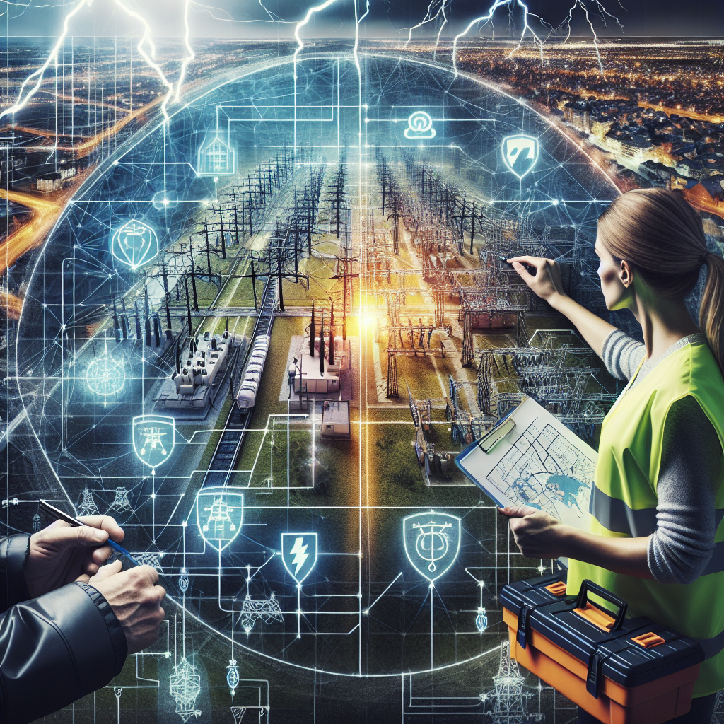 Picture this: an intricate map of a city illustrating a complex power grid with interconnecting lines, highlighted sectors representing residential, industrial, and commercial areas. There are symbols representing power stations and transformers. On one side, there's a storm brewing, symbolizing the lurking danger of failure. In the foreground, a pair of hands hold a protective shield over the grid, symbolizing the measures to mitigate risk. European female engineer in reflective vest is analyzing the grid, taking notes. Black male colleague next to her holds a toolbox, ready to take essential precautions.