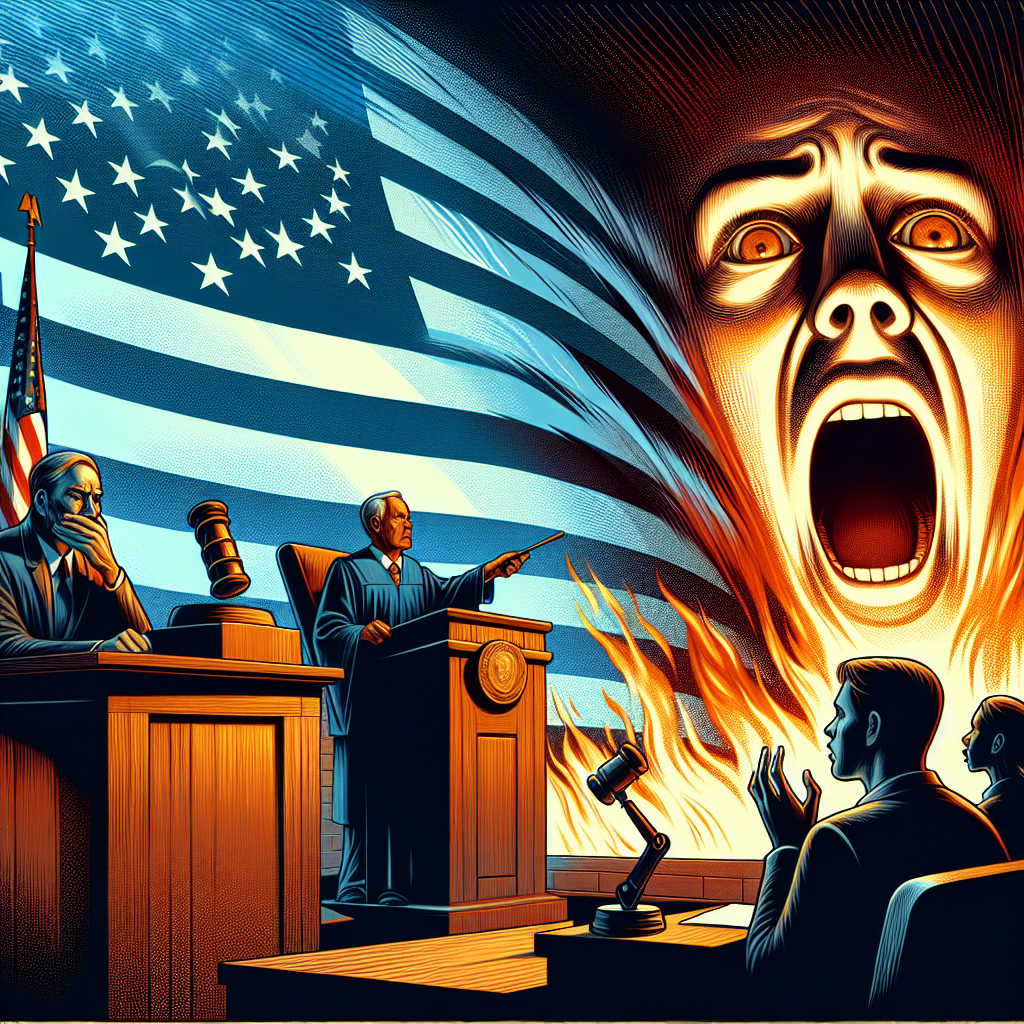 An illustrative image showing a symbolic representation of high-profile criminal trials in the United States. Depict a detailed courtroom with a large, gavel-wielding judge, an attorney presenting evidence to the jury, and a witness nervously testifying. In the background, display an American flag, symbolizing the location. Also, represent the element of shock by showing exaggerated, surprised expressions on the faces of courtroom observers as the verdict is announced. Use a dramatic color palette to intensify the mood of the scene, emphasizing tension and surprise.