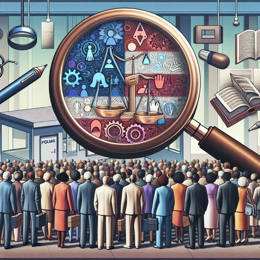 A visual representation of the concept of changes in voting laws. Show an abstract representation of a large group of diverse people, with a mix of genders, and descents such as Caucasian, Hispanic, Black, Middle-Eastern, South Asian, and East Asian, standing in front of a polling station. Across the scene, place metaphoric symbols like a magnifying glass, pen, and law book to signify intense examination, amendments, and legal aspects. Reflect a sense of resolve and unity among the people suggesting their commitment to democratic processes.
