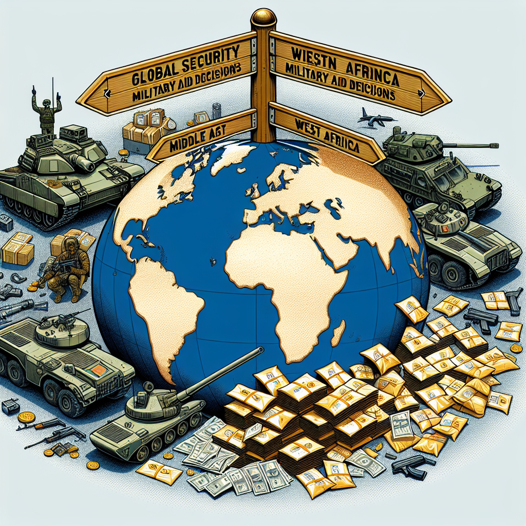 A detailed illustration of a global map positioned at the center, surrounded by military equipment like tanks and guns scattered around. Envelopes filled with money are also lying around the military equipment symbolizing financial aid. On top of the map, there's a signpost with directions pointing towards various locations such as Middle East, West Africa, and Eastern Europe. The signs indicate the distribution of aid to different regions. Above all this, there's a title 'Global Security: Military Aid Decisions' in bold, black letters.