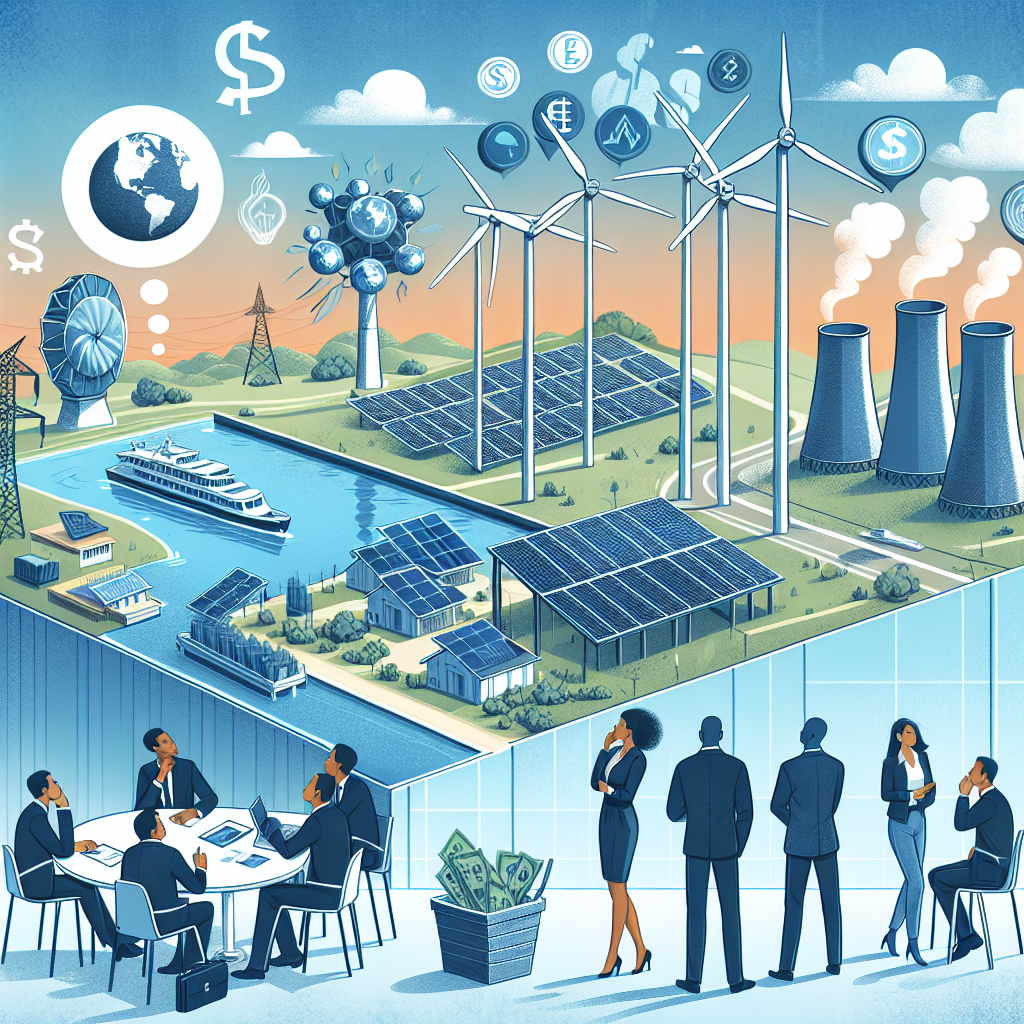 Showcase a balanced image of the modern age of renewable energy. Picture a wind farm with large turbines, a solar power plant with panels soaking up the sun, and a hydroelectric dam harnessing the power of a flowing river. In the background, illustrate a business meeting where a diverse group including a Black woman, a South Asian man, and a Middle Eastern woman are engaged in a discussion around a table strewn with blueprints, documents, and a laptop. Above them, have a thought bubble containing symbols of currency and climate change, indicating their focus on investment strategies and climate change legislation.