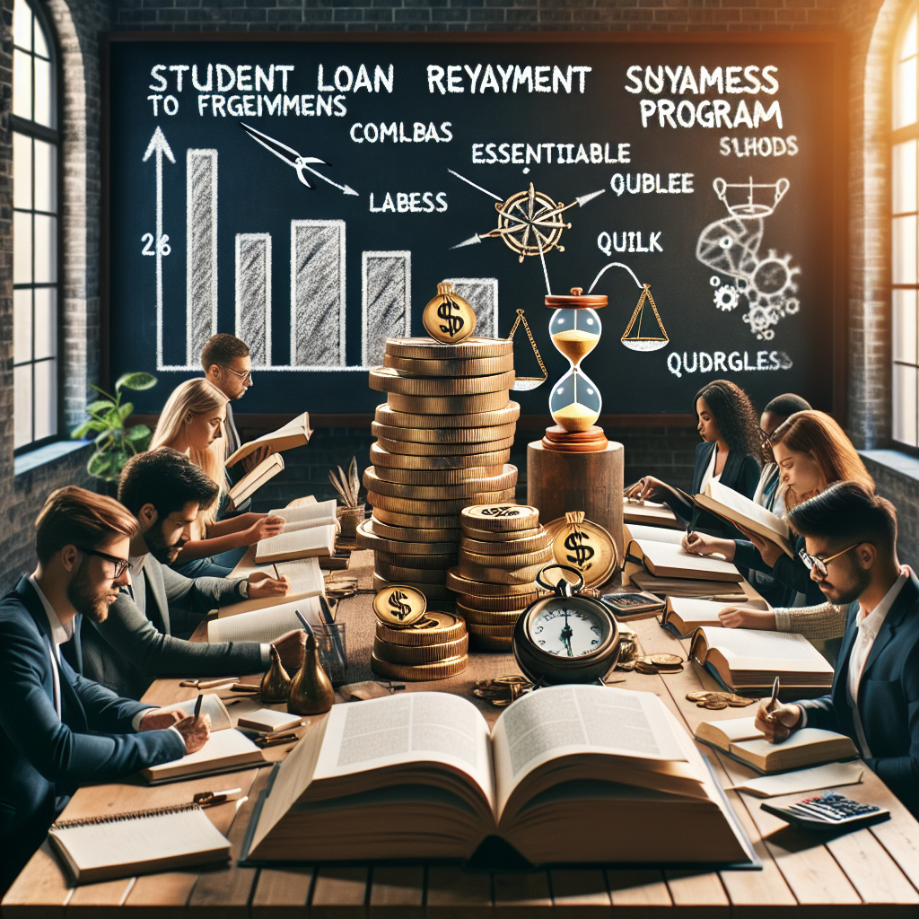 Independently studying, diverse group of students, each thumbing through text heavy books with charts, tables, and diagrams while sitting at a long wooden table in a brightly lit library. On the table, shiny golden coins symbolizing money, a stack of paperwork, a compass, a quill, and an hourglass are placed. A huge, vintage, roll-up blackboard in the background unfolds the words 'Student Loan Repayment Updates' and 'Essential Guide to Forgiveness Program' written with an erasable white-chalk hand.