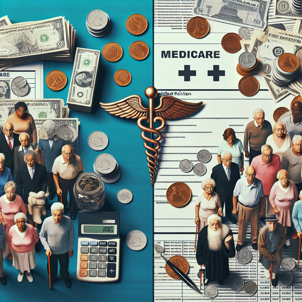 Imagine an informative and persuasive image for an article about healthcare. The scene is split into two parts. On the left, depict the struggle of a diverse group of elderly people of various descents, including Black, Hispanic, Middle-Eastern, South Asian, and Caucasian, trying to understand complex Medicare documents symbolizing the healthcare costs. On the right hand, portray the relief these people feel as they discover simplified solutions. Show stacks of coins and bills, a calculator, and various documents, all featuring an icon of the healthcare symbol (snake and staff) to symbolize the theme. Create the image with a palpable contrast between confusion and relief.