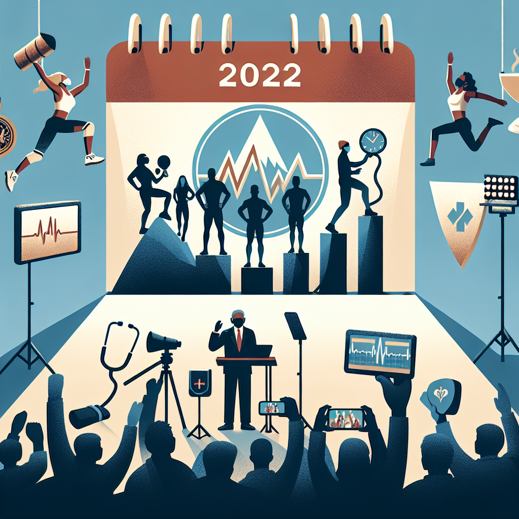Create an illustrative image representing major milestones and health updates that have occurred in 2022. The image should consist of symbolic elements such as a calendar featuring the year 2022, iconic health symbols like a stethoscope or heart rate monitor, and neutral-silhouetted figures accomplishing various achievements like climbing a mountain peak, crossing a finish line, or giving a public speech. Please ensure the figures are diverse, with equal representation of Caucasian, Hispanic, Middle-Eastern, South-Asian, Black, and White individuals of different genders. Inclusion of a spotlit stage or backdrop can evoke the theme of 'celebrity', without referencing specific individuals.