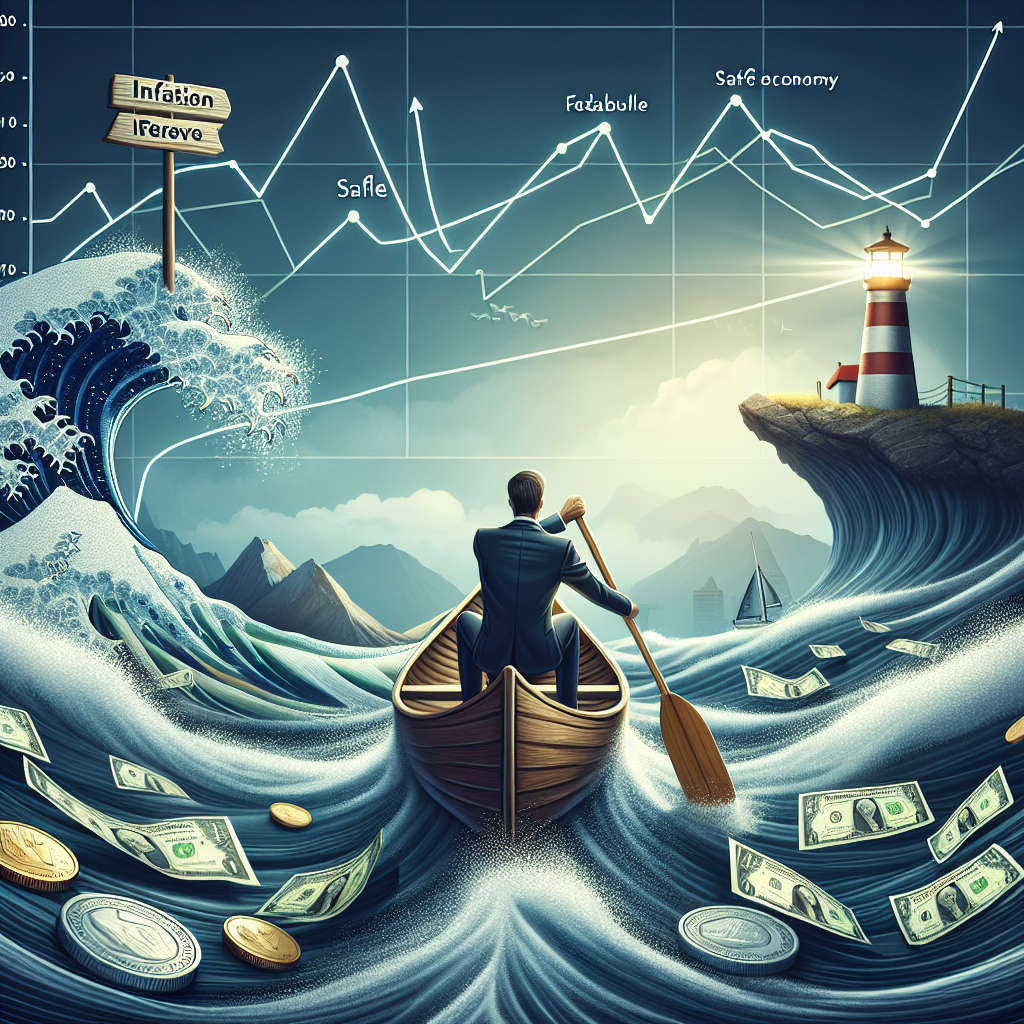 Visualize a metaphorical scene where the concept of inflation is represented as a fast moving river and the concept of Federal Reserve interest rate decisions as a person in a canoe skilfully navigating the turbulent waters. The person is a Caucasian male dressed in a corporate suit holding a paddle. The water is shown as waves of currency notes and coins. In the distance, there's a lighthouse illuminating a safe shore tagged with 'Stable Economy'. The sky is depicted as a graph with fluctuating lines, representing market trends. This image is to capture the idea of effectively navigating inflation with astute monetary strategies.